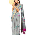 DRAVINAM Trends Women's Khadi Linen Saree With Un-stitched Blouse (Saree_32_Silver Grey)