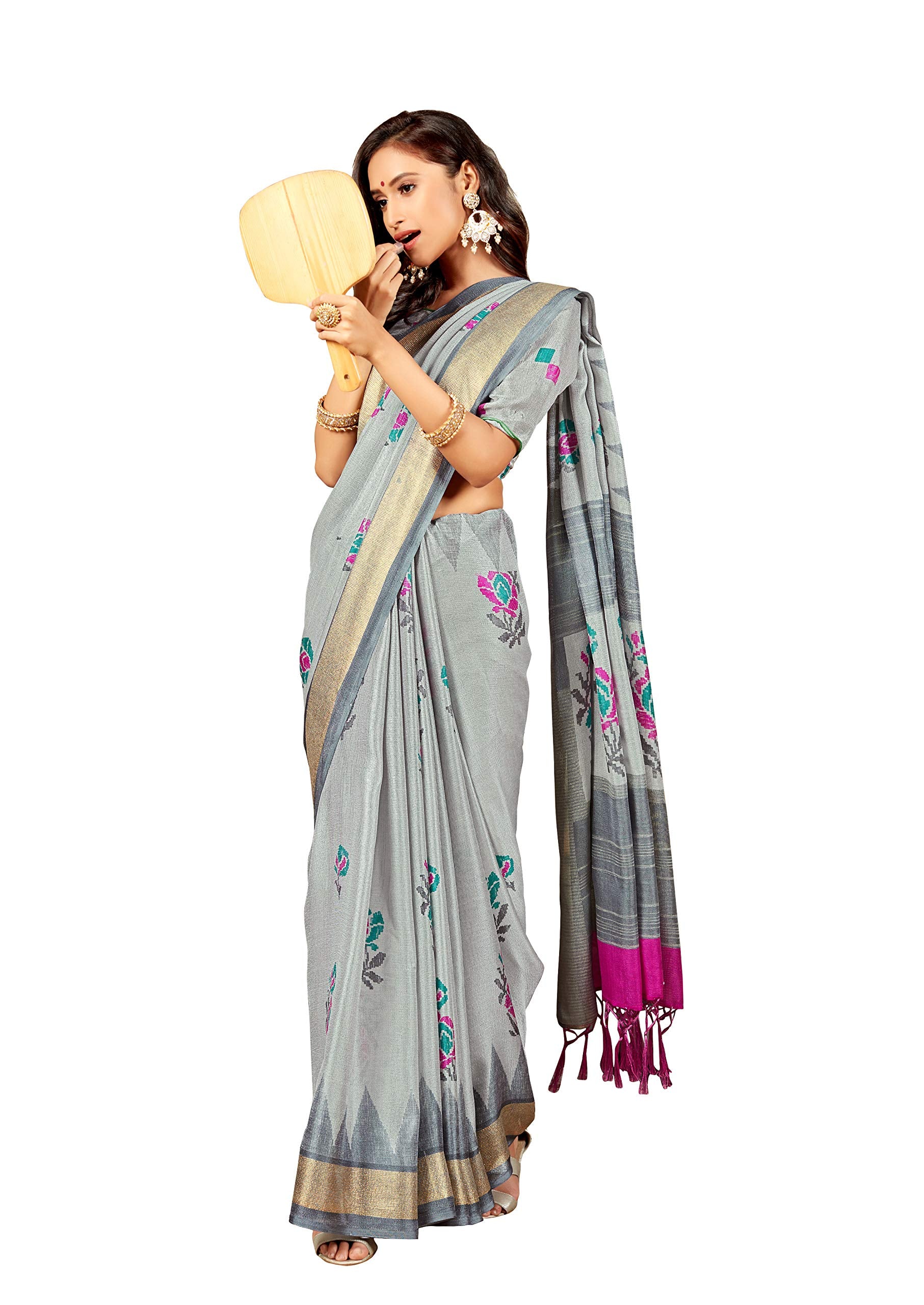 DRAVINAM Trends Women's Khadi Linen Saree With Un-stitched Blouse (Saree_32_Silver Grey)