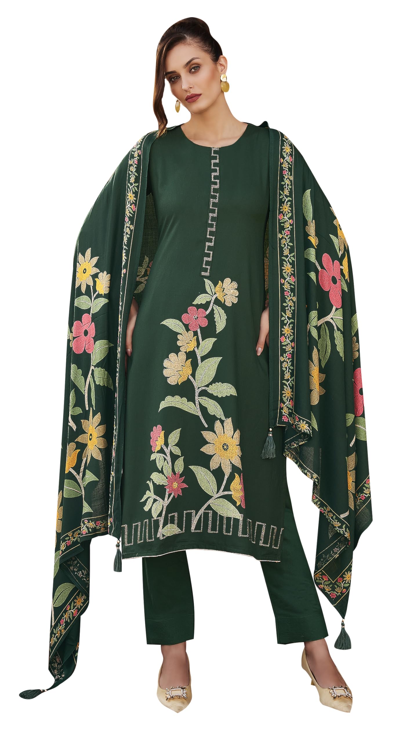 DRAVINAM Trends Complete Unstitch Pashmina Suit Set: Pure Viscose Pashmina Foil Print Top with Fancy Embroidery (2.5 m) II Solid Bottoms (2.8 m) II Digital Print Shawl Dupatta (2.25 m)