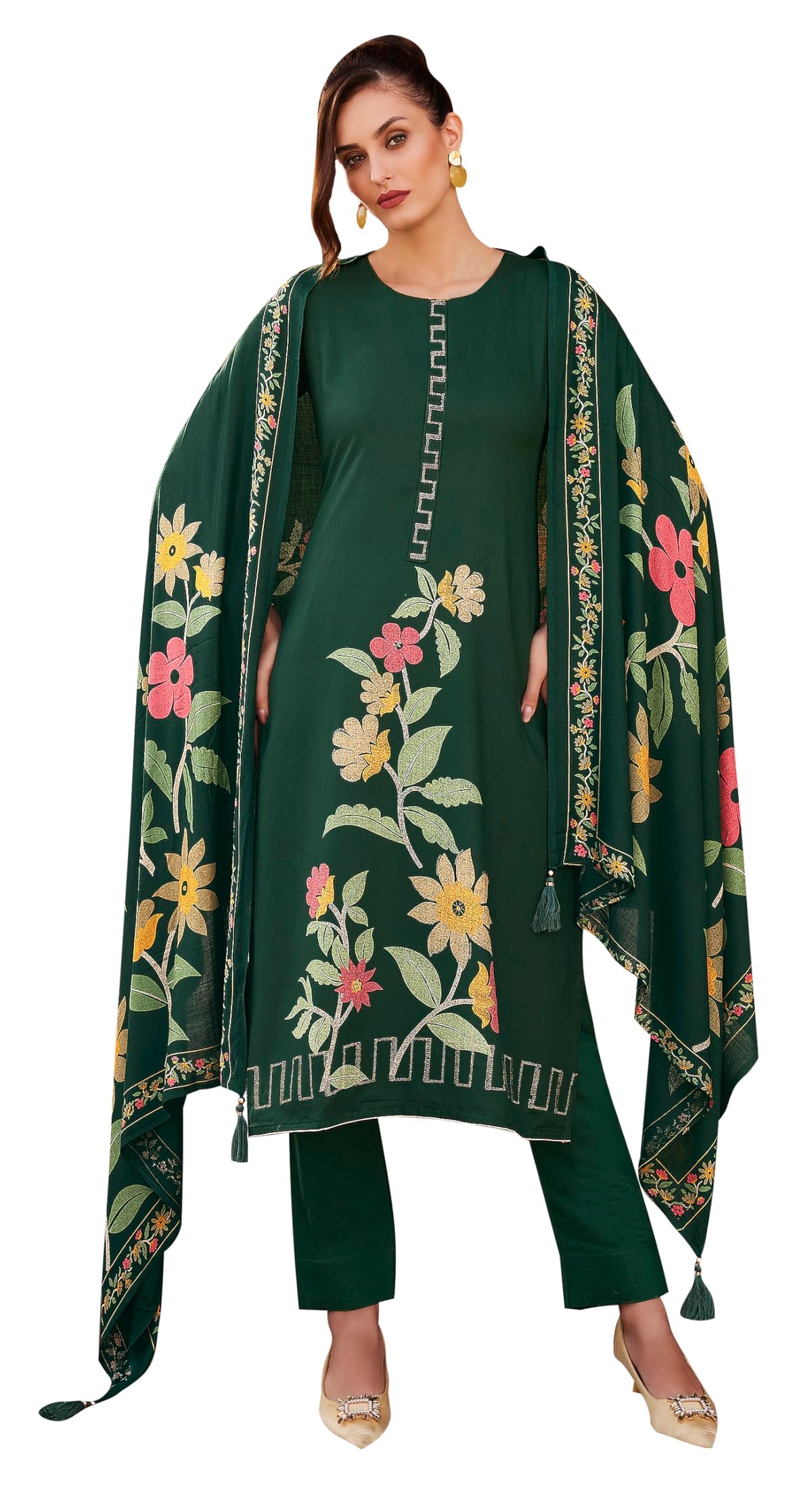 DRAVINAM Trends Complete Unstitch Pashmina Suit Set: Pure Viscose Pashmina Foil Print Top with Fancy Embroidery (2.5 m) II Solid Bottoms (2.8 m) II Digital Print Shawl Dupatta (2.25 m)