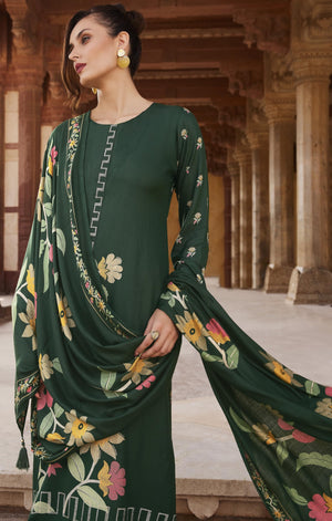 DRAVINAM Trends Complete Unstitch Pashmina Suit Set: Pure Viscose Pashmina Foil Print Top with Fancy Embroidery (2.5 m) II Solid Bottoms (2.8 m) II Digital Print Shawl Dupatta (2.25 m)