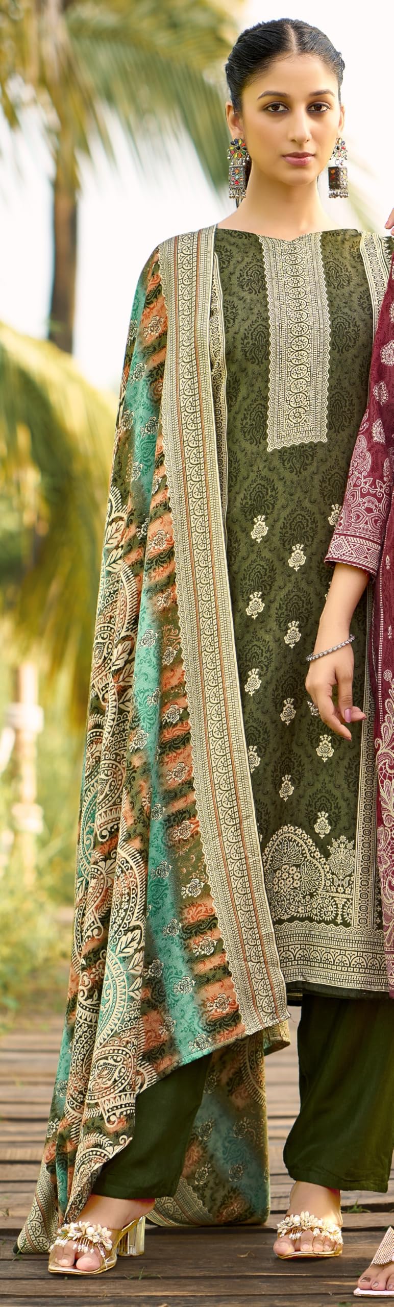 DRAVINAM Trends Women's Unstitched Winter Wear Swaroski Diamond Work Pakistani Woollen Pashmina Salwar Suit Dress Material with Twill Pashmina Printed Shawl Dupatta