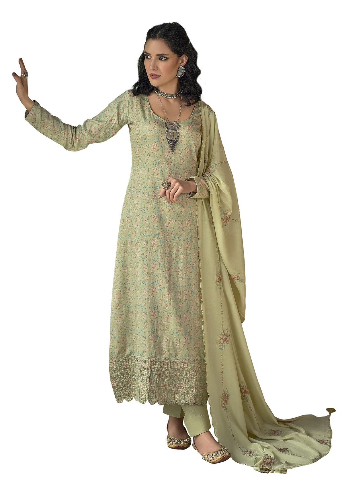 DRAVINAM Trends Women's Unstitched Fancy Embroidered Pure Jam Cotton Printed Salwar Suit Dress Material with Pure Viscose Masclin embrodered Dupatta (Pastel Mehandi Green)