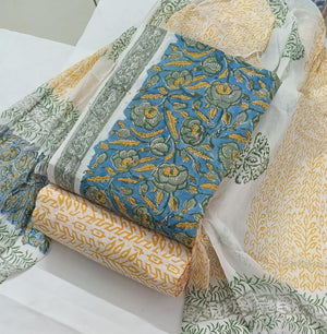DRAVINAM Trends Hand Block Print Pure Cambric Cotton Unstitched Suit Material with Chiffon Hand Printed Dupatta