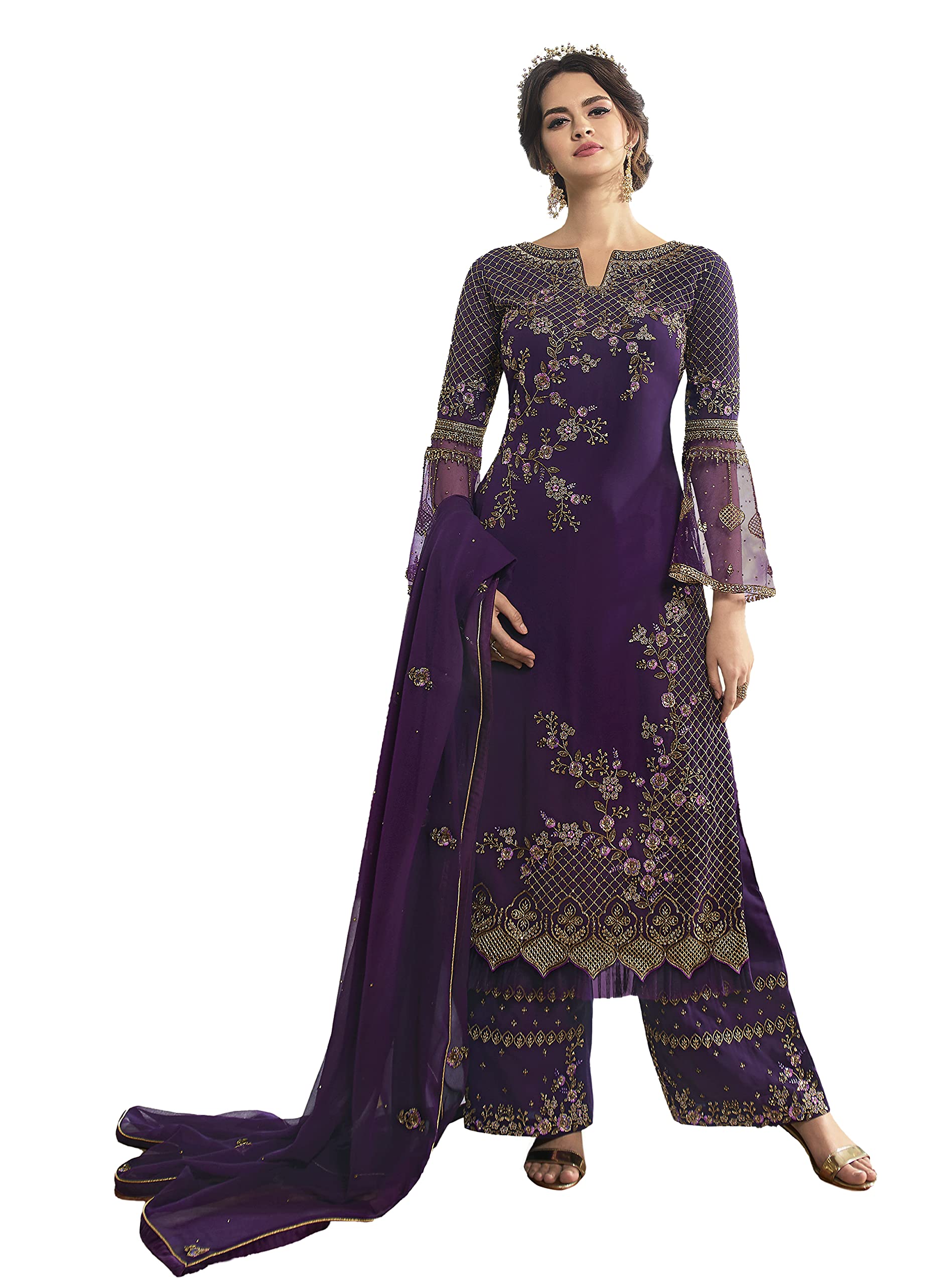 DRAVINAM Trends Women's Faux Georgette Semi Stitched Top With Unstitched Santoon Bottom and Net Dupatta Embroidered Straight Kurta Dress Material (Kurta Set)