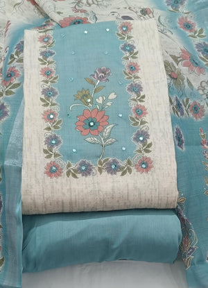 DRAVINAM Trends Women's Premium Pure Linen Floral Printed Unstitched Salwar Suit Dress Material with Dupatta