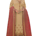 DRAVINAM Trends Women's Siroski Embroidered Satin Georgette Chudidar Pakistani suit Material with heavy Pure Meenakari Banarasi Silk Dupatta (Free size_Golden beige and Maroon Red)