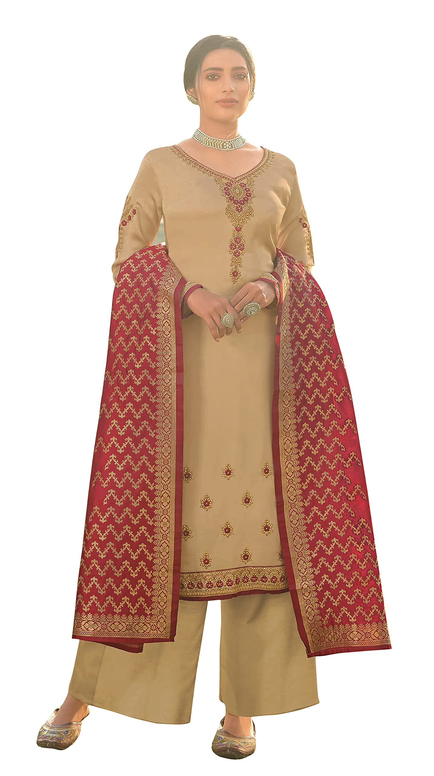 DRAVINAM Trends Women's Satin Georgette Unstitched Embroidered Chudidaar Salwar Suit dress Material with Heavy Pure Banarasi Meena Jacquard silk Dupatta (Free size_Blue and Firozee)