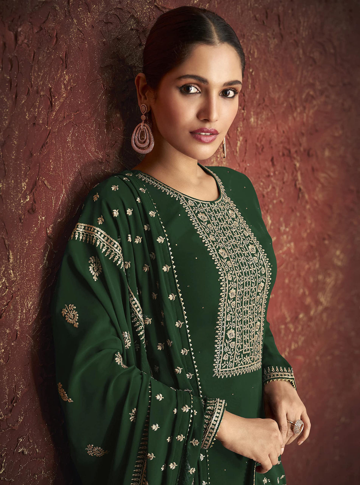 DRAVINAM Trends Women's Pure Georgette Zari Embroidered Sharara suit Dress Material with Embroidered Georgette Dupatta (Free Size_Bottle Green)