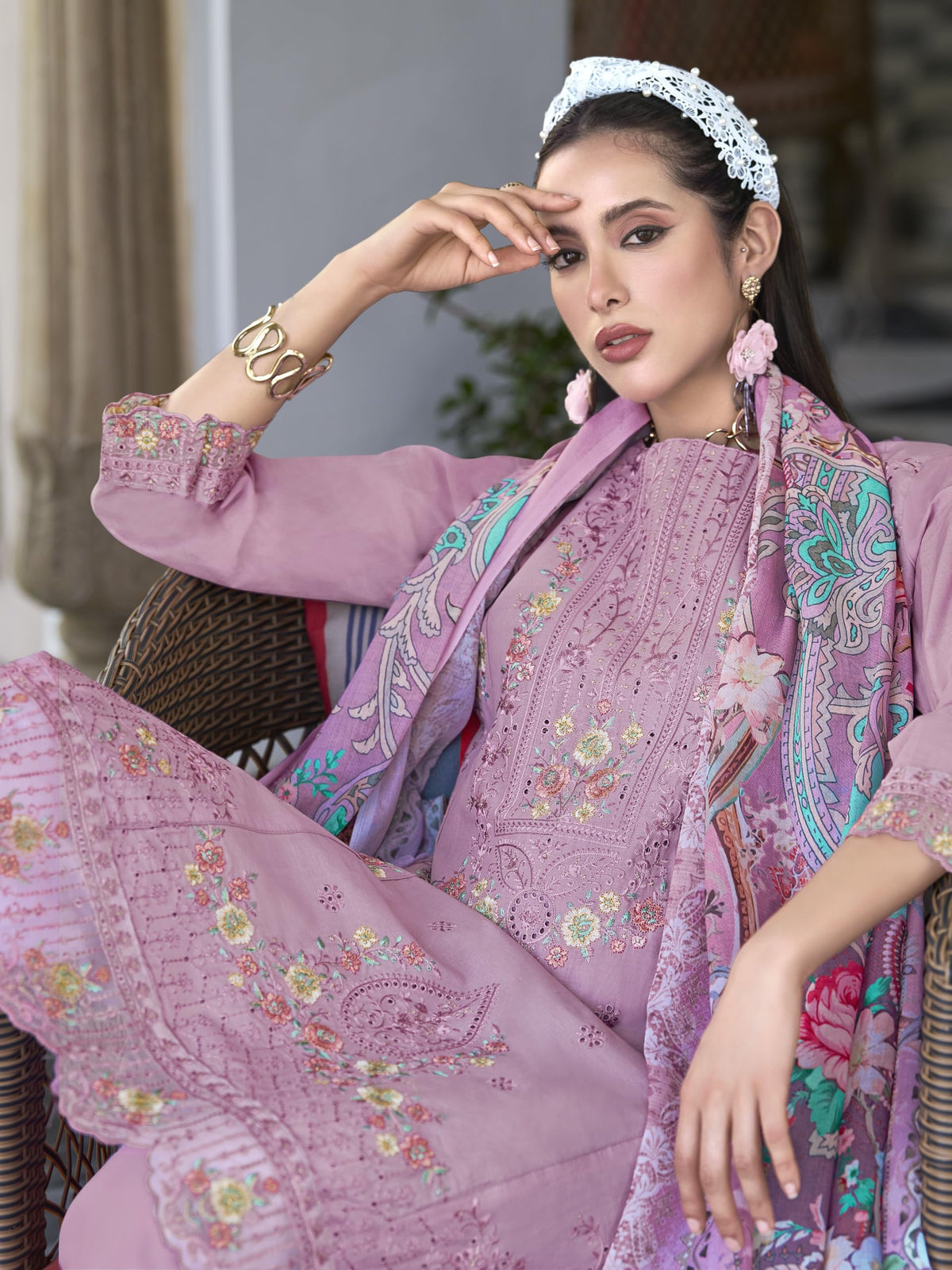 DRAVINAM Trends Women's Unstitched Lawn Cotton Karachi Embroidered Suit Material - Lawn Cotton Heavy Karachi Embroidered Shirt with Heavy Daman Work II Cotton Bottoms II Cotton Digital Printed Dupatta