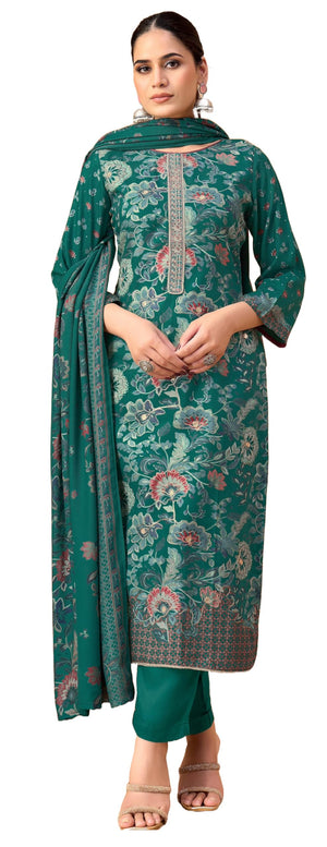 DRAVINAM Trends Women's Winter Wear Unstitched Discharge Print Hand Work Neck Embroidered Woollen Viscose Pashmina Salwar Suit Dress Material with Pashmina Printed Shawl Dupatta