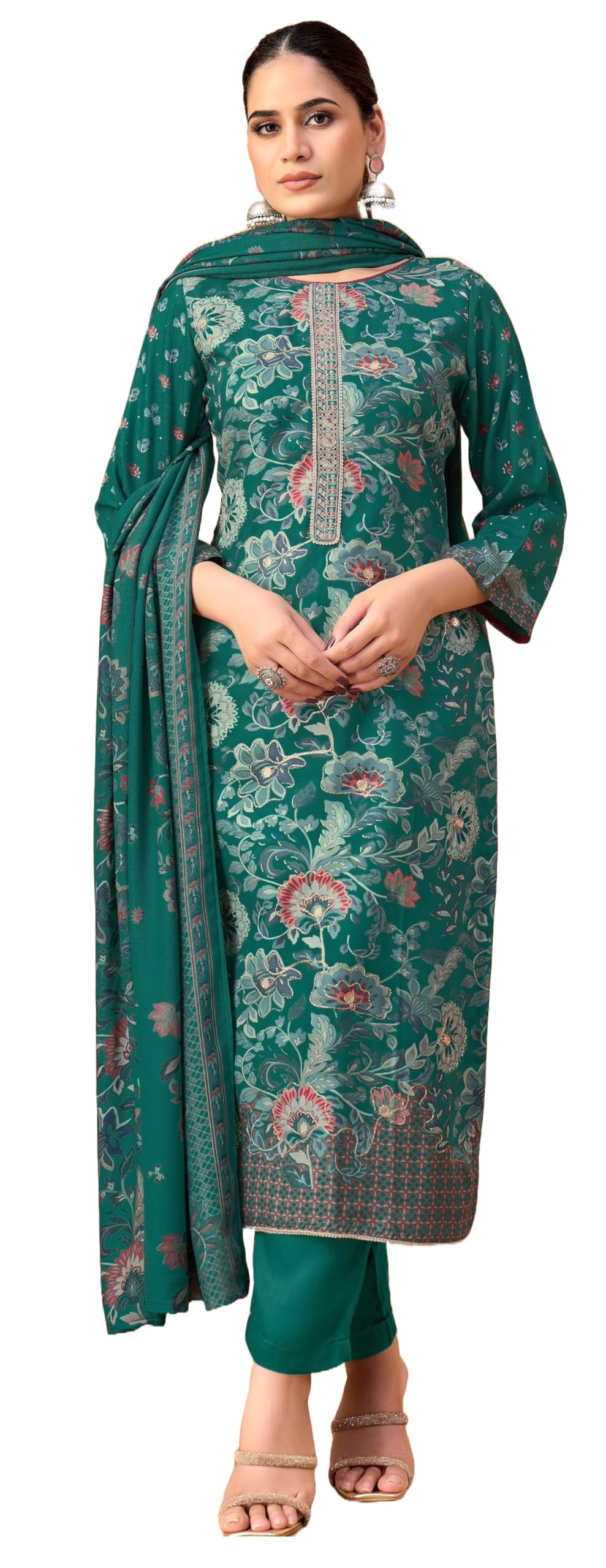 DRAVINAM Trends Women's Winter Wear Unstitched Discharge Print Hand Work Neck Embroidered Woollen Viscose Pashmina Salwar Suit Dress Material with Pashmina Printed Shawl Dupatta