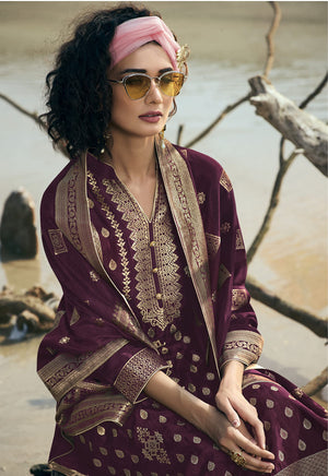 DRAVINAM Trends Women's Pure Banarasi Silk Unstitched Embroidered Sharara Style salwar Suit Dress Material with Heavy Pure Banarasi Jacquard Silk Dupatta (Free size_Magenta)