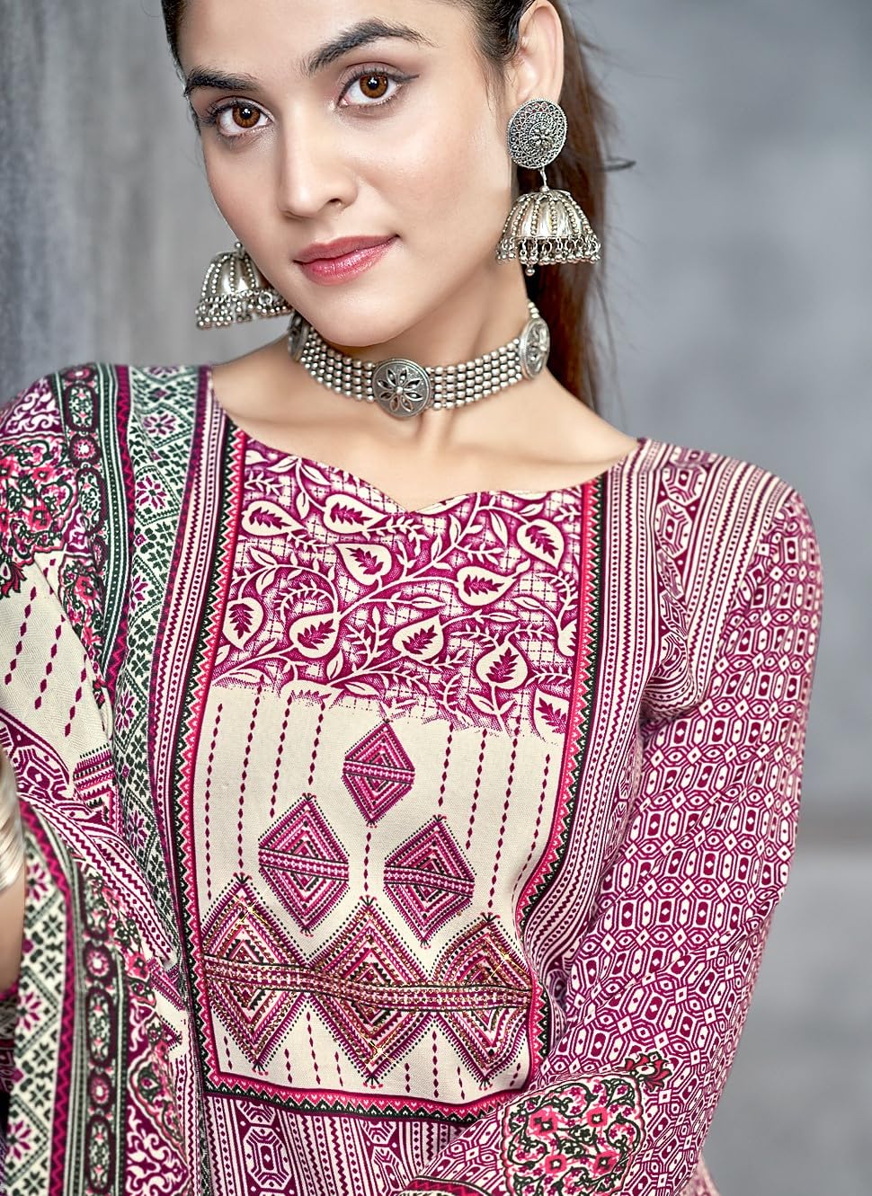 DRAVINAM Trends Pashmina Spun Digital Style Printed Unstitched Salwar Suit for Women with Siroski Work and Twill Printed Shawl Dupatta