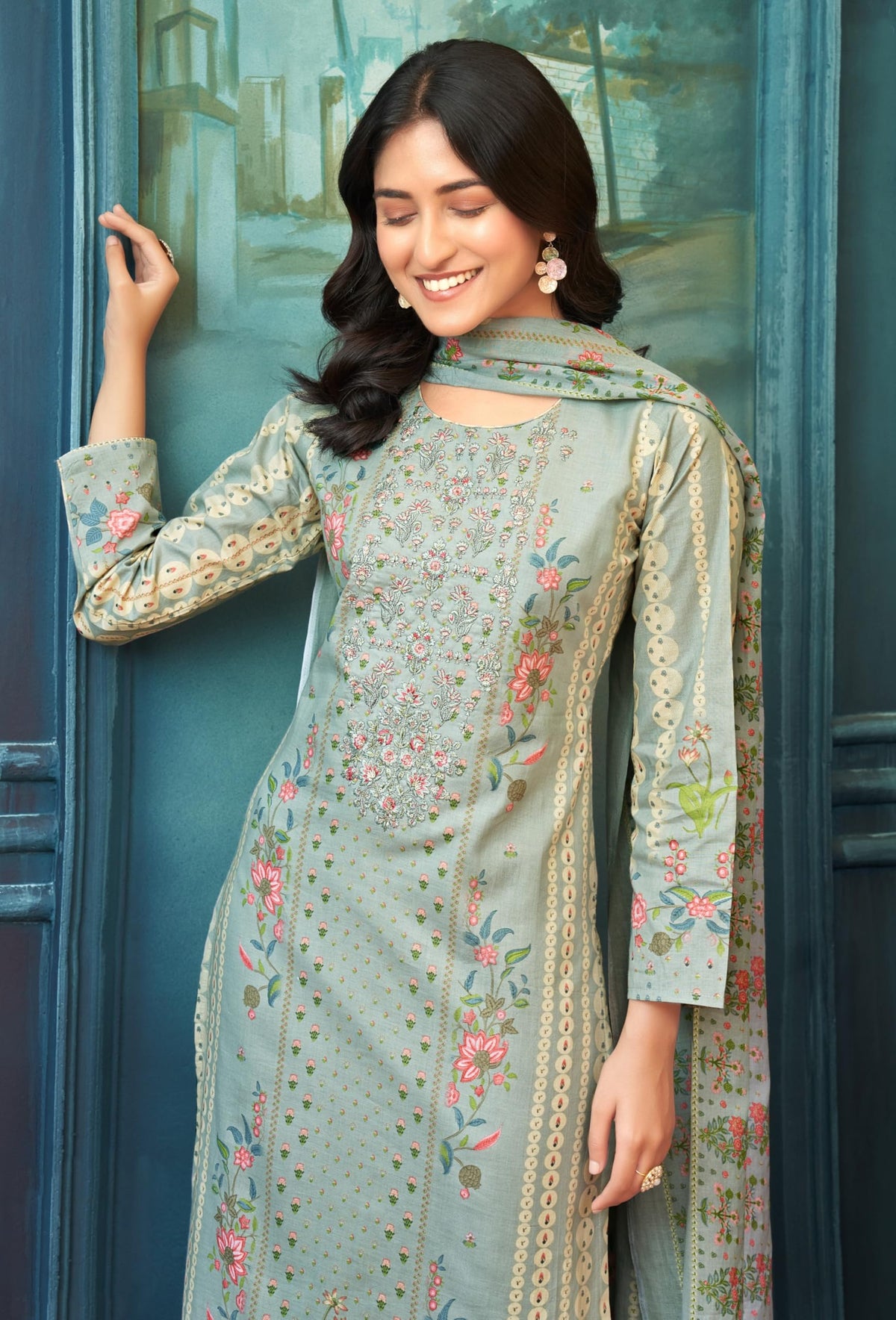 DRAVINAM Trends Women's Unstitched Salwar Suit Dress Material - Cotton Digital Printed Organza Embroidered Kameez II Unstitch Bottoms II Cotton Dupatta