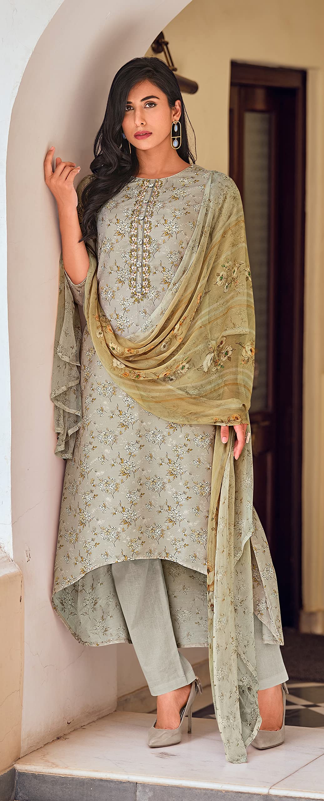 DRAVINAM Trends Women's Unstitched Digital Printed Pure Viscose Masline Embroidered Palazzo Salwar Suit Dress Material with Bemberg Chiffon Digotal Printed Dupatta (Blue)