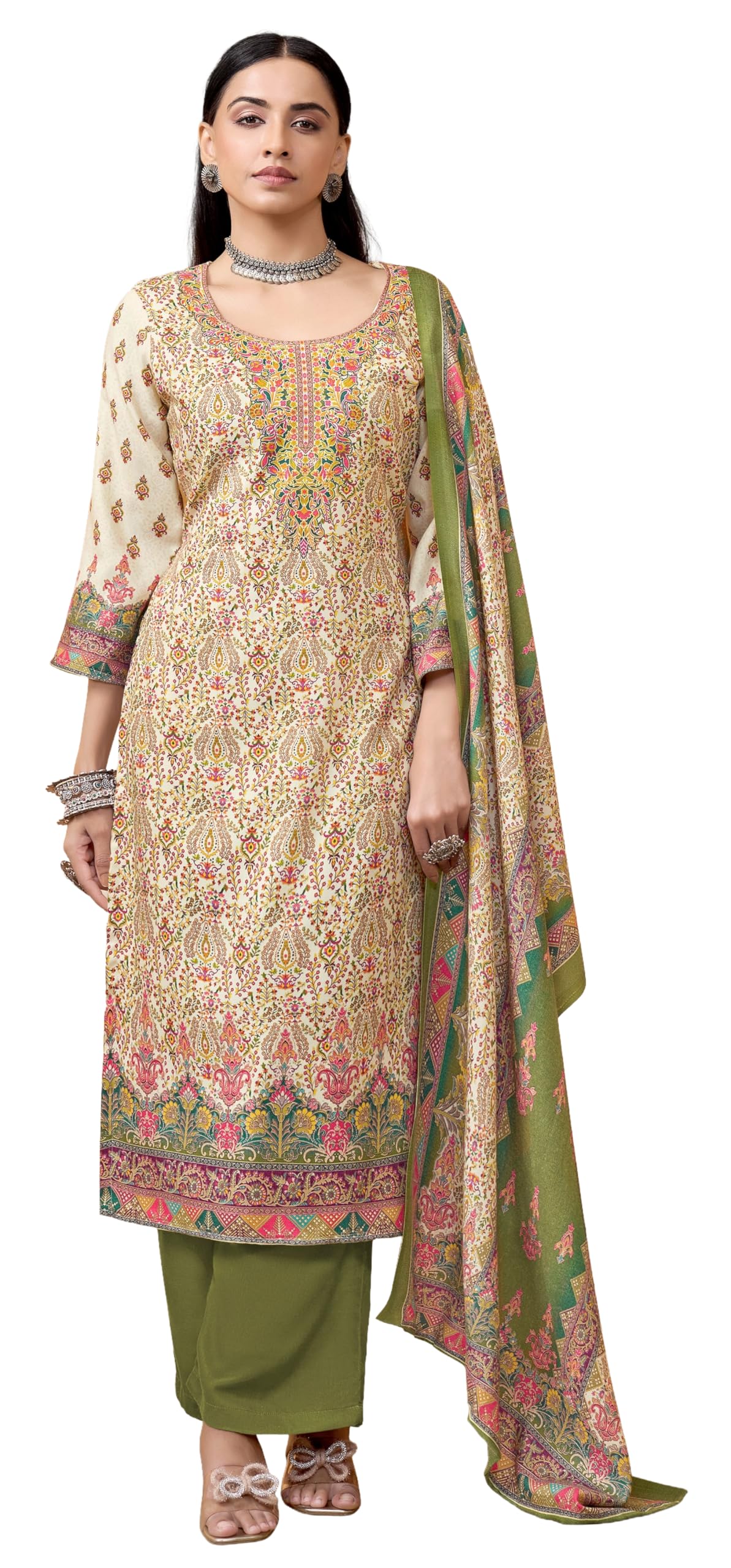DRAVINAM Trends Women's Winter Wear Pure Viscose Woolen Pashmina Digital Kani Printed Swaroski Work Unstitch Salwar Suit Dress Material with Pure Digital Viscose Pashmina Woolen Warm Shawl Dupatta