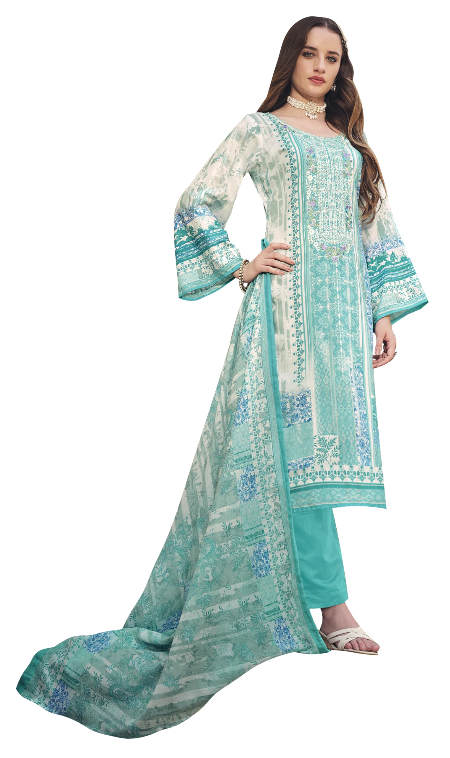 DRAVINAM Trends Kurti 2.50 mtrs, Pure Cotton Salwar (3 mtrs apx), Pure Cotton Mal Mal Print (2.30|Sand Grey