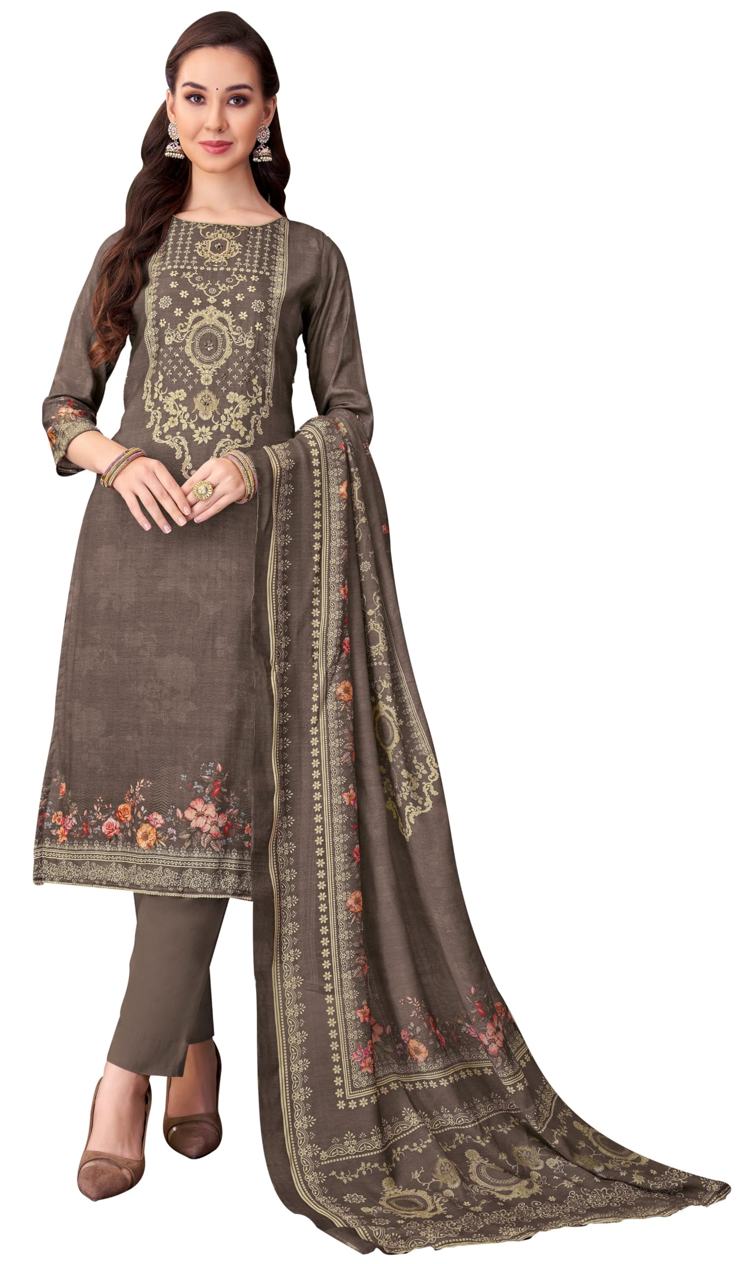 DRAVINAM Trends Women's Unstitched Viscose Maslin Hand Embroidered Suit Material - Viscose Maslin Digital Printed Hand Embroidered Kameez II Rayon Bottoms II Maslin Printed Dupatta