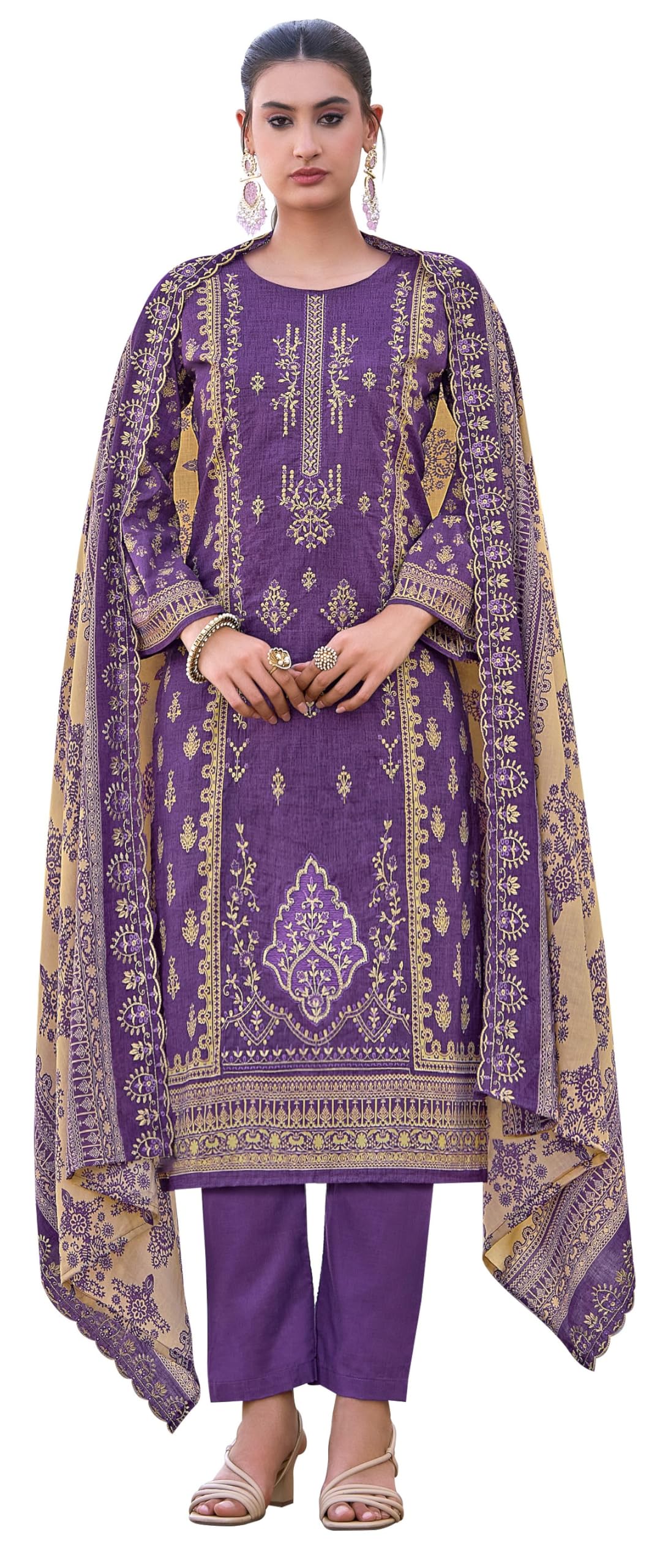 DRAVINAM Trends Women's Unstitched Premium Pure Cotton Heavy Embroidered Suit Dress Material