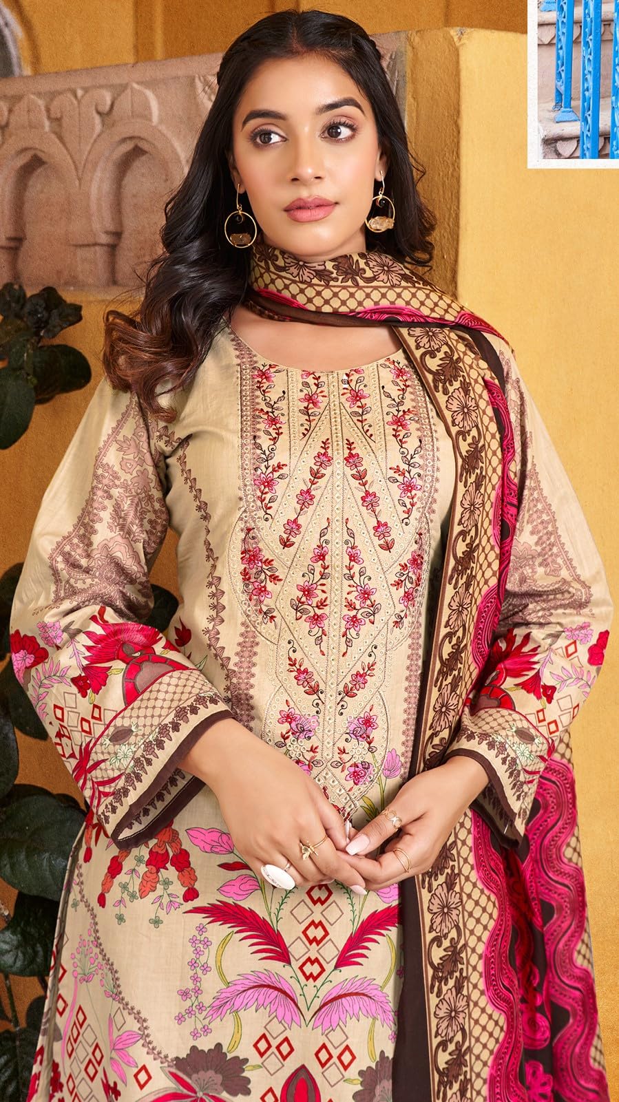DRAVINAM Trends Lawn Cotton Pakistani Embroidered Suit Dress Material with Unstitched Bottoms and Cotton Dupatta