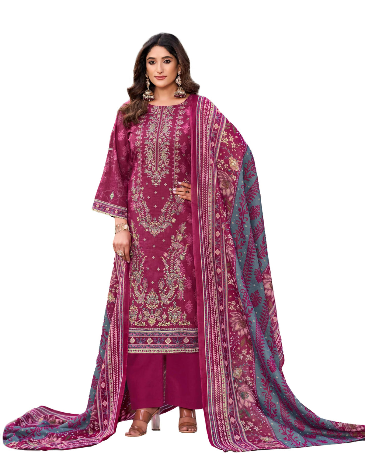 DRAVINAM Trends Women's Pure Lawn Cotton Pakistani Embroidered Suit Dress Material with Unstitched Bottoms and Cotton Dupatta