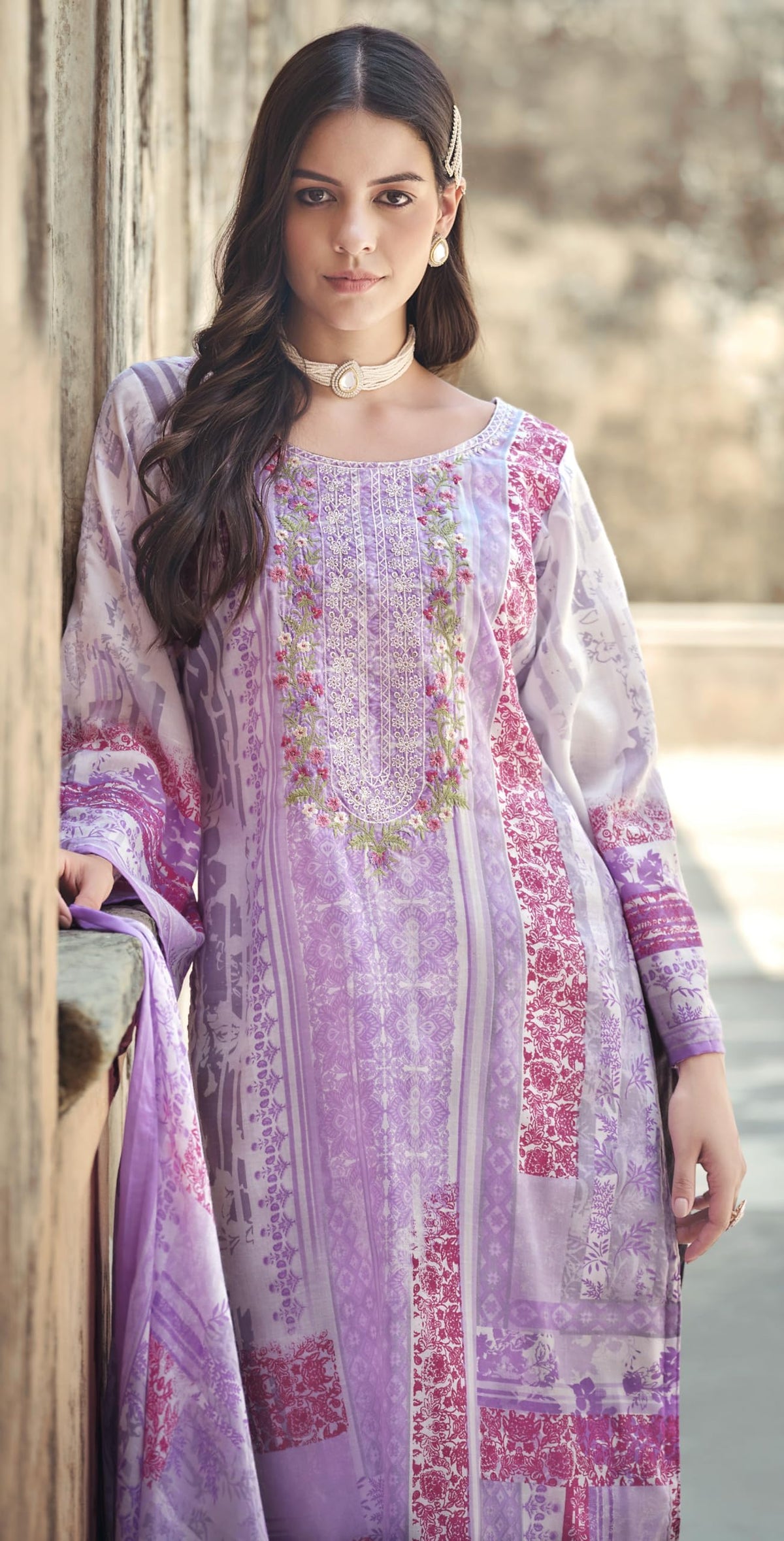 DRAVINAM Trends Women's Cotton Printed Thread Embroidery Work Unstitched Salwar Suit Dress Material With Dupatta (Grey, Unstitched Suit)