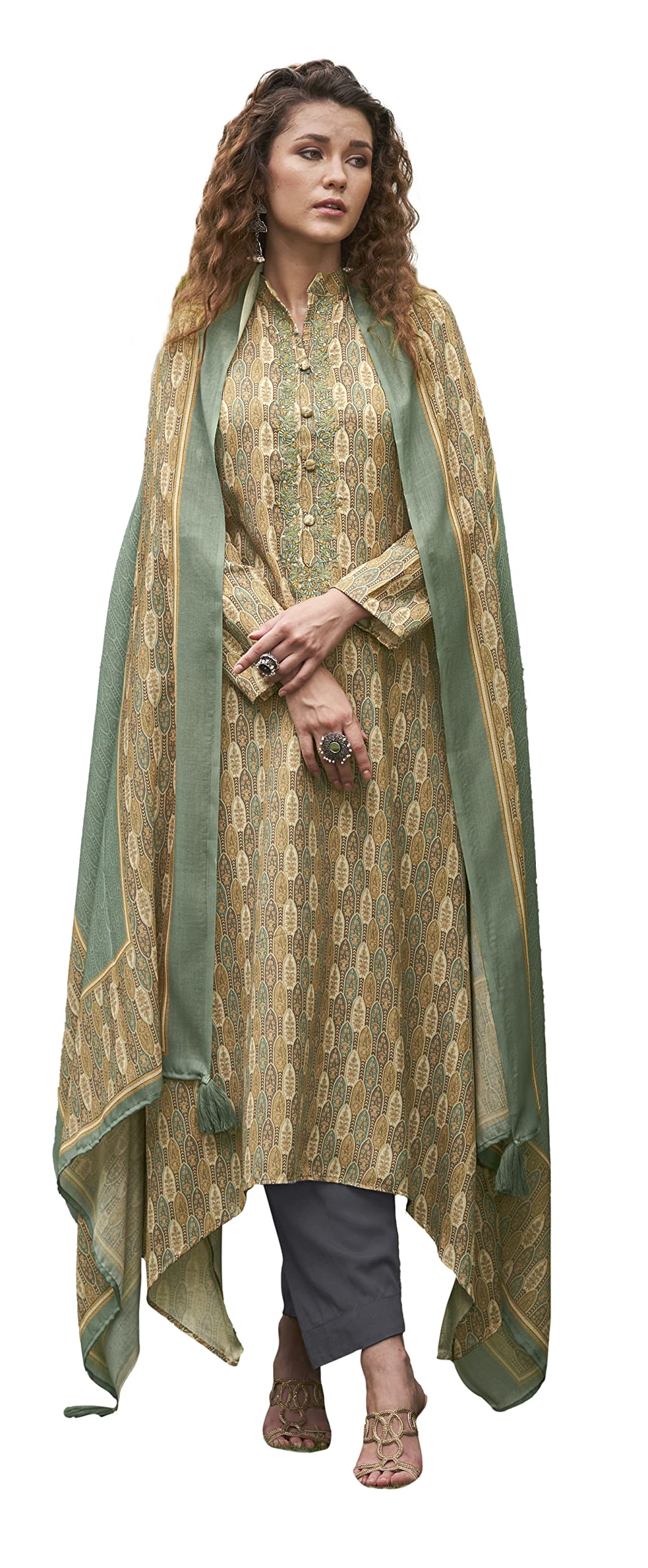 DRAVINAM Trends Women's Pure Pashmina wool Digital Print Fancy Embroidery Work Warm Salwar Kameez Dress Material with Pure Woollen Pashmina Printed Woven Shawl Dupatta (Green)
