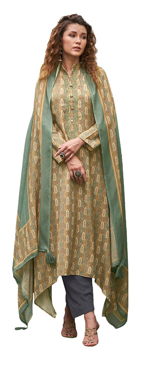 DRAVINAM Trends Women's Pure Pashmina wool Digital Print Fancy Embroidery Work Warm Salwar Kameez Dress Material with Pure Woollen Pashmina Printed Woven Shawl Dupatta (Green)