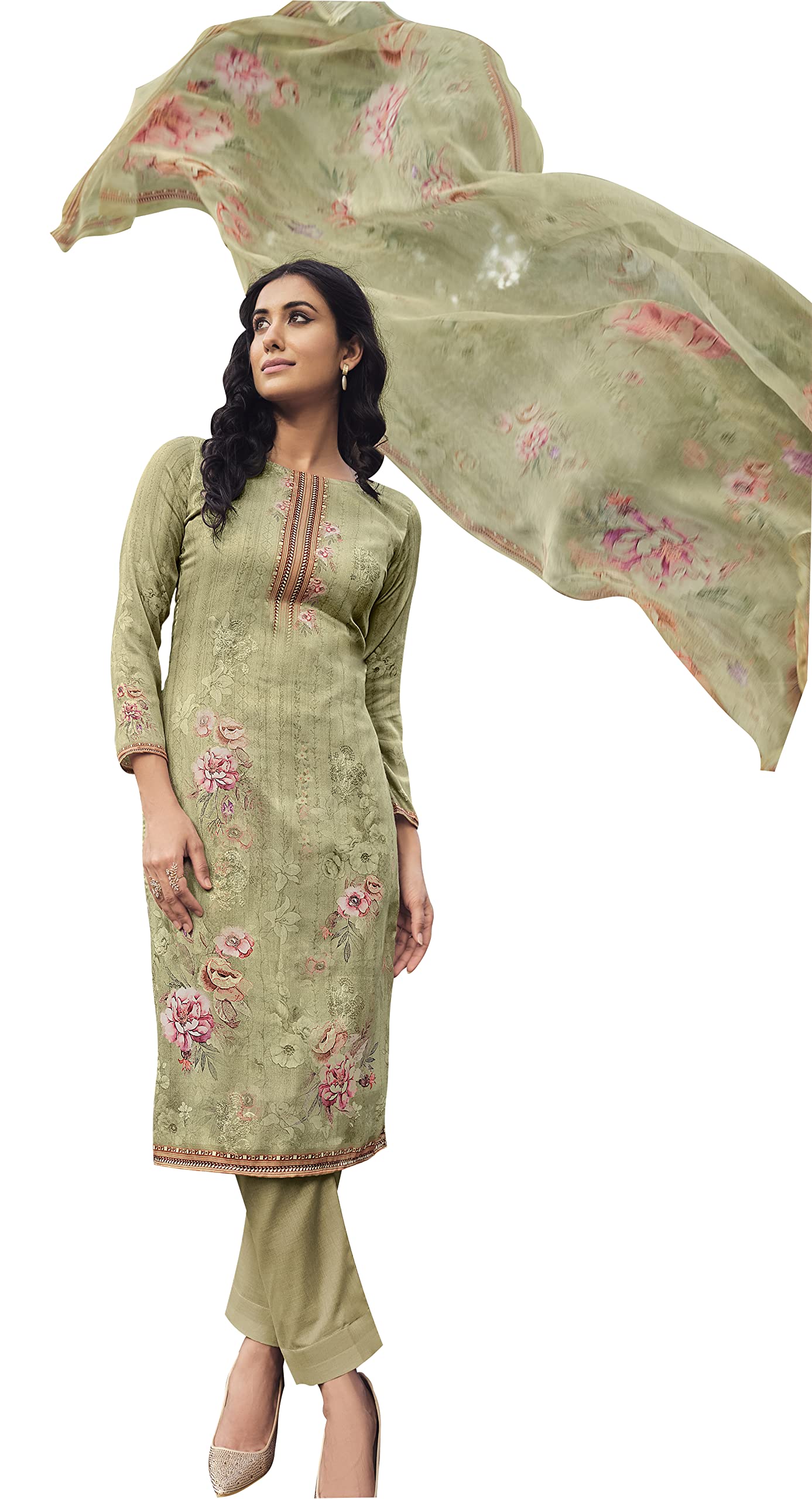 DRAVINAM Trends Women's Printed Unstitched Pure Cotton Kurti Palazzo Pants Set Material with Dupatta
