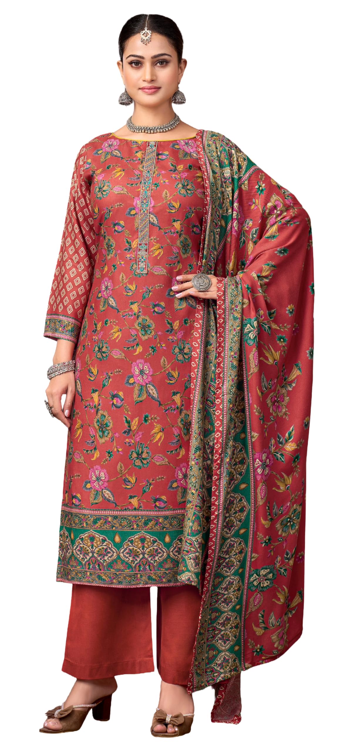 DRAVINAM Trends Women's Winter Wear Unstitched Discharge Print Embroidered Woollen Viscose Pashmina Salwar Suit Dress Material with Pashmina Printed Shawl Dupatta