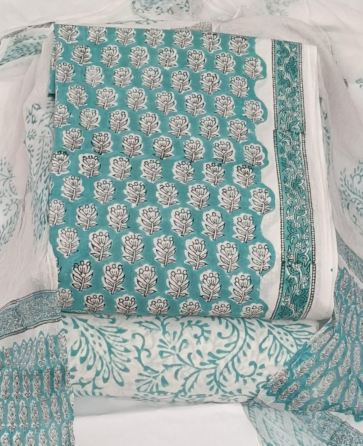 DRAVINAM Trends Hand Block Print Cambric Cotton Unstitched Salwar Suit Set for Women with Pure Chiffon Hand Printed Dupatta