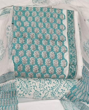 DRAVINAM Trends Hand Block Print Cambric Cotton Unstitched Salwar Suit Set for Women with Pure Chiffon Hand Printed Dupatta