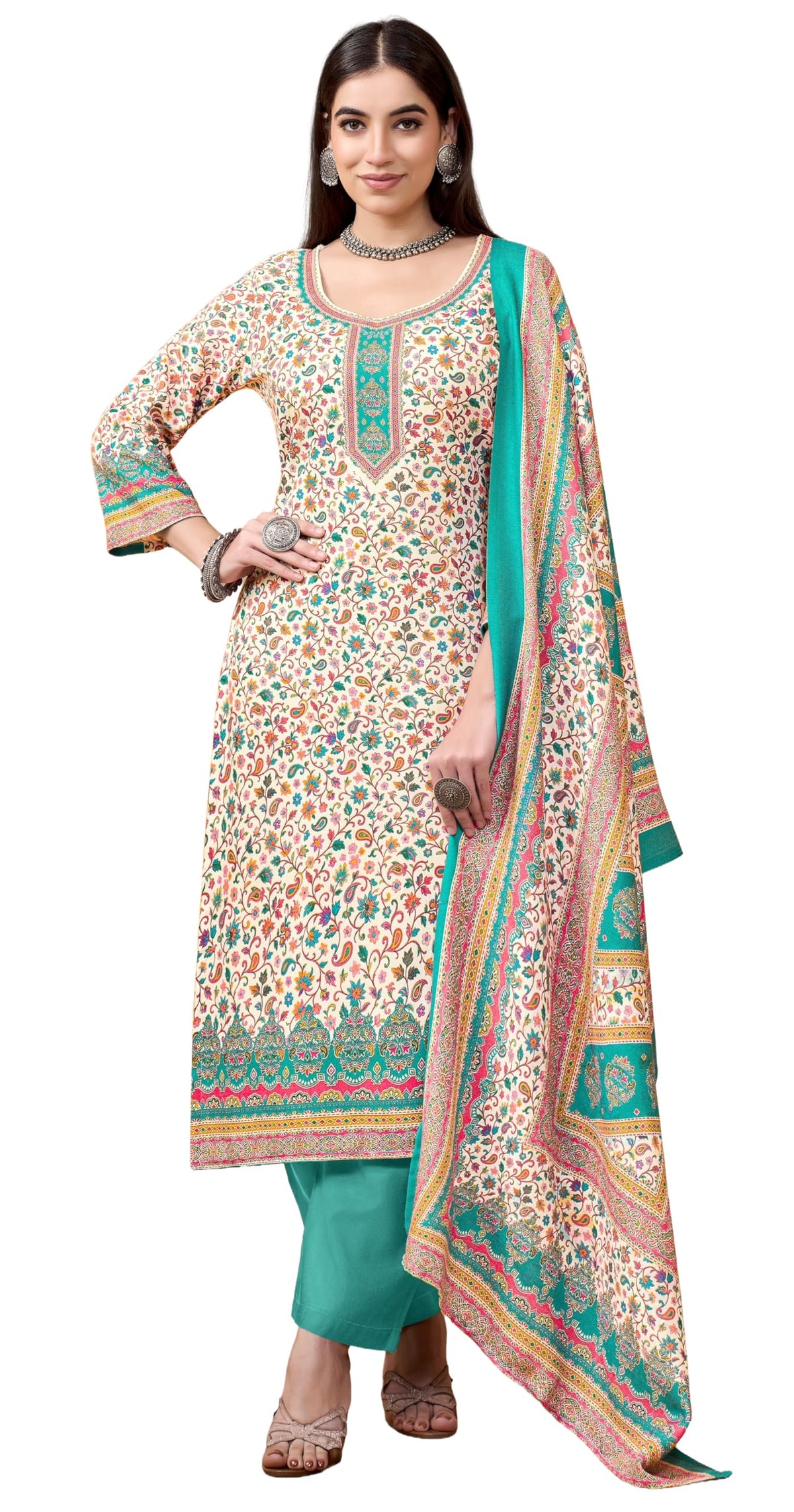 DRAVINAM Trends Women's Winter Wear Pure Viscose Woolen Pashmina Digital Kani Printed Swaroski Work Unstitch Salwar Suit Dress Material with Pure Digital Viscose Pashmina Woolen Warm Shawl Dupatta