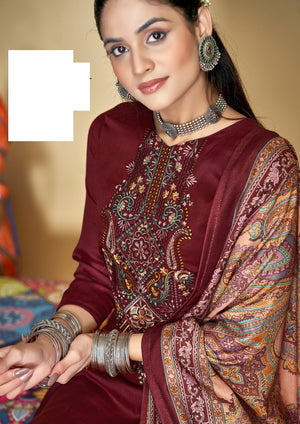DRAVINAM Trends Women's Unstitched Winter Wear Woollen Pashmina Embroidered Salwar Suit Dress Material with Pashmina Printed Shawl Dupatta