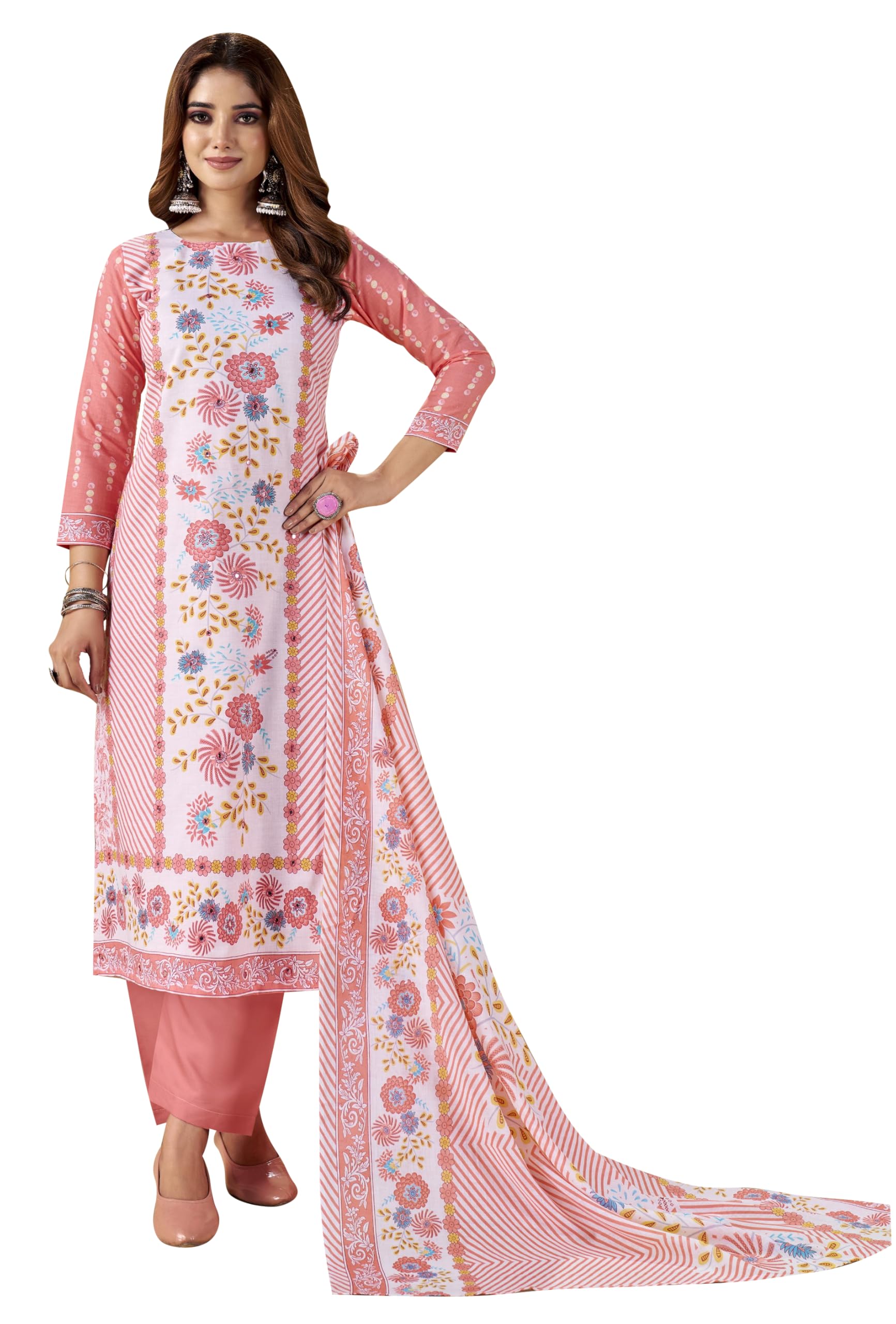DRAVINAM Trends Women's Unstitched Salwar Suit Dress Material - Cotton Printed Hand Embroidered Kameez II Unstitched Bottoms II Cotton Dupatta