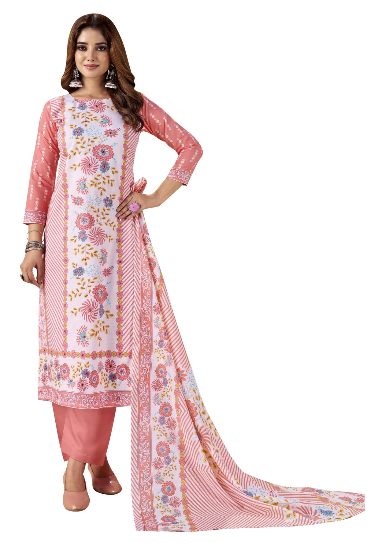 DRAVINAM Trends Women's Unstitched Salwar Suit Dress Material - Cotton Printed Hand Embroidered Kameez II Unstitched Bottoms II Cotton Dupatta