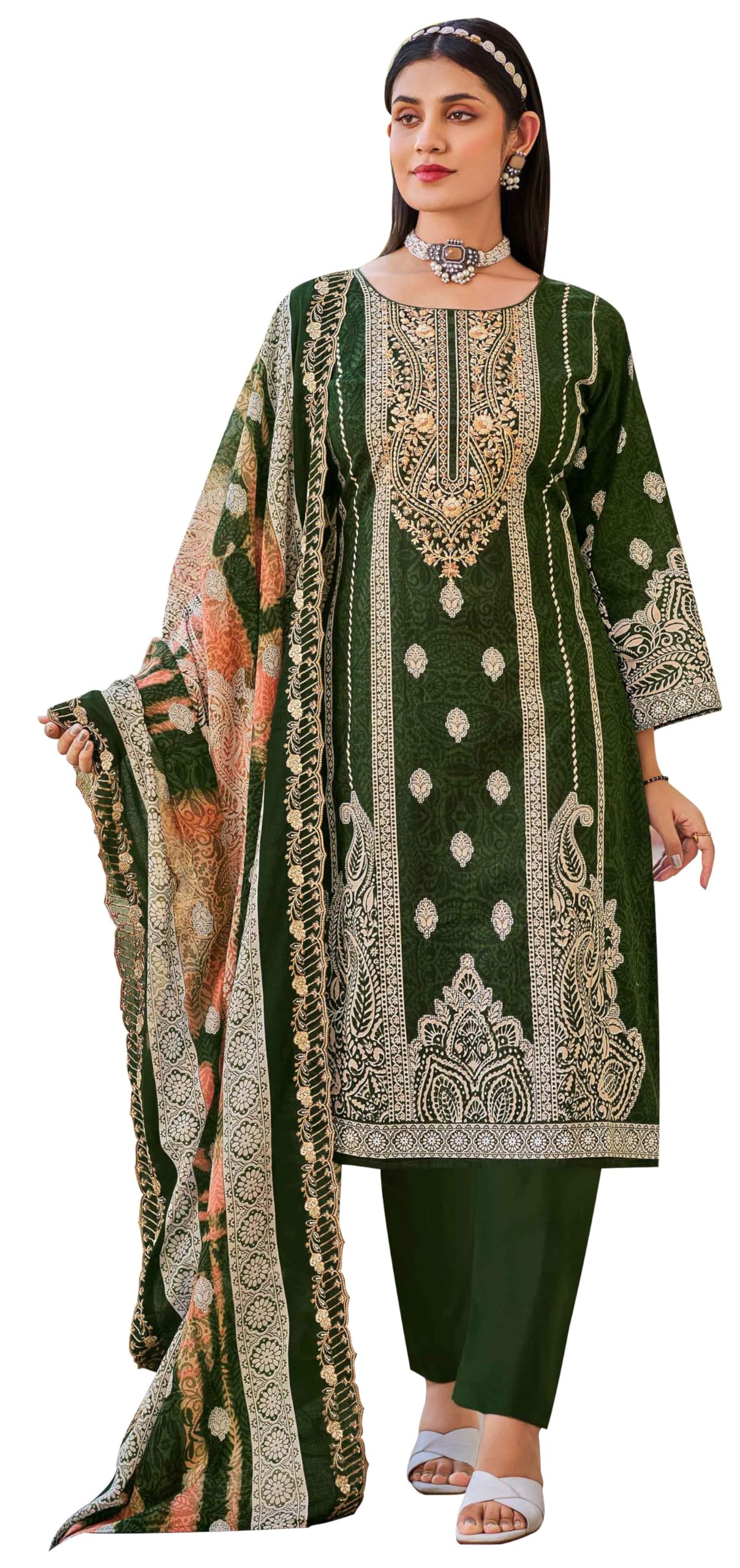 DRAVINAM Trends Women's Unstitched Salwar Suit Dress Material - Cotton Digital Printed Organza Embroidered Kameez II Unstitch Bottoms II Cotton Dupatta