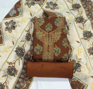 DRAVINAM Trends Women's Unstitched Jaam Cotton Dress Material | Printed Embroidered Unstitched Suit Set with Rayon Bottoms and Printed Dupatta
