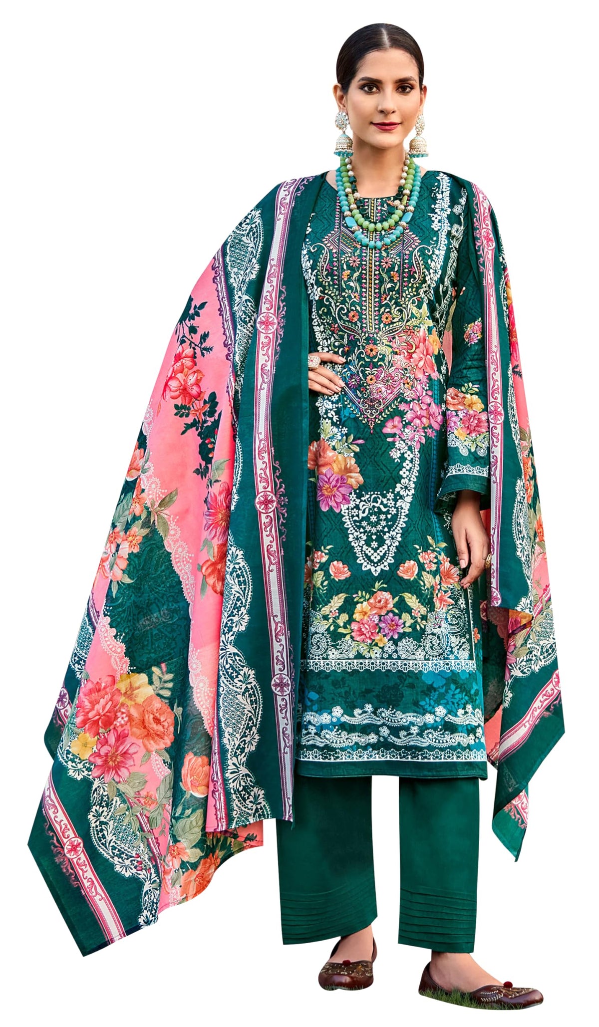 DRAVINAM Trends Lawn Cotton Pakistani Embroidered Suit Dress Material with Unstitched Bottoms and Cotton Dupatta