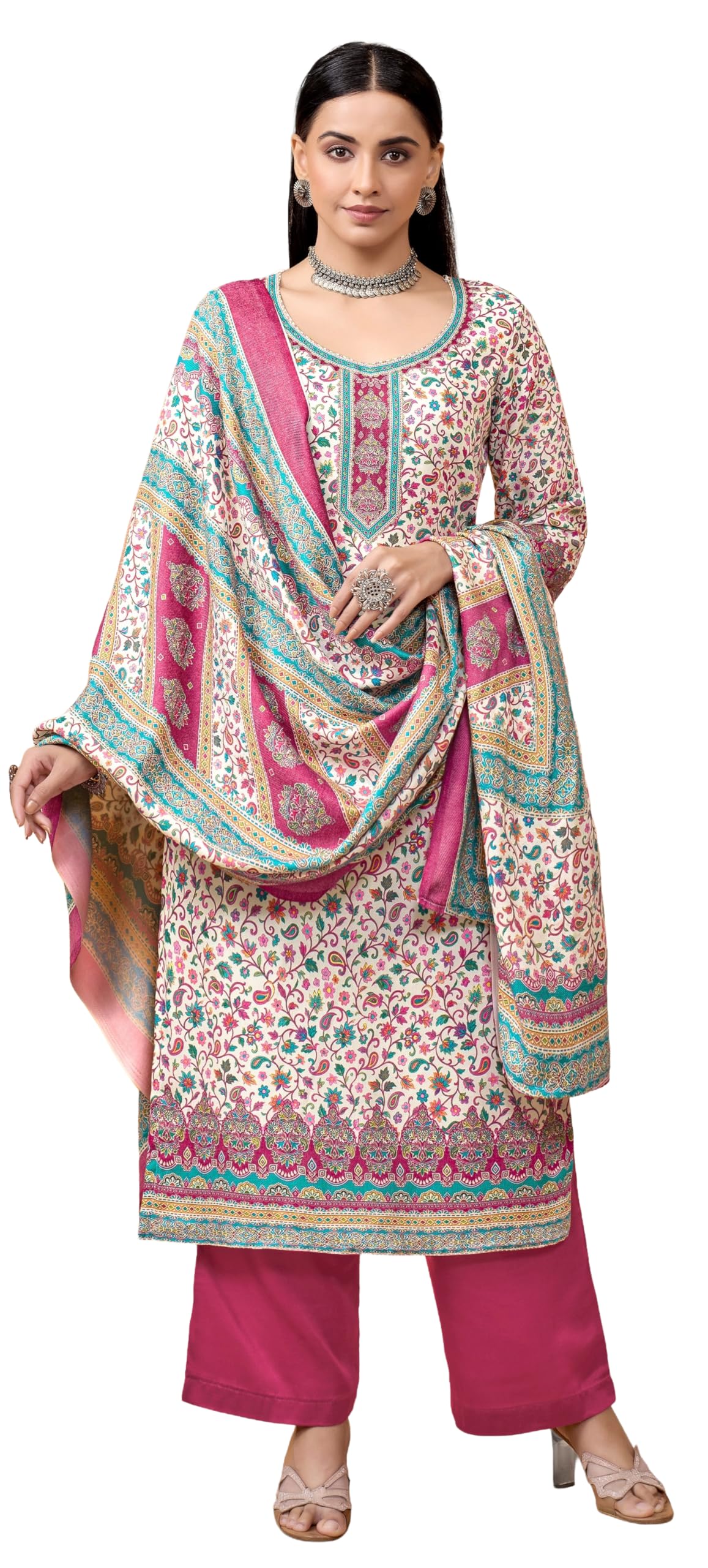 DRAVINAM Trends Women's Winter Wear Pure Viscose Woolen Pashmina Digital Kani Printed Swaroski Work Unstitch Salwar Suit Dress Material with Pure Digital Viscose Pashmina Woolen Warm Shawl Dupatta