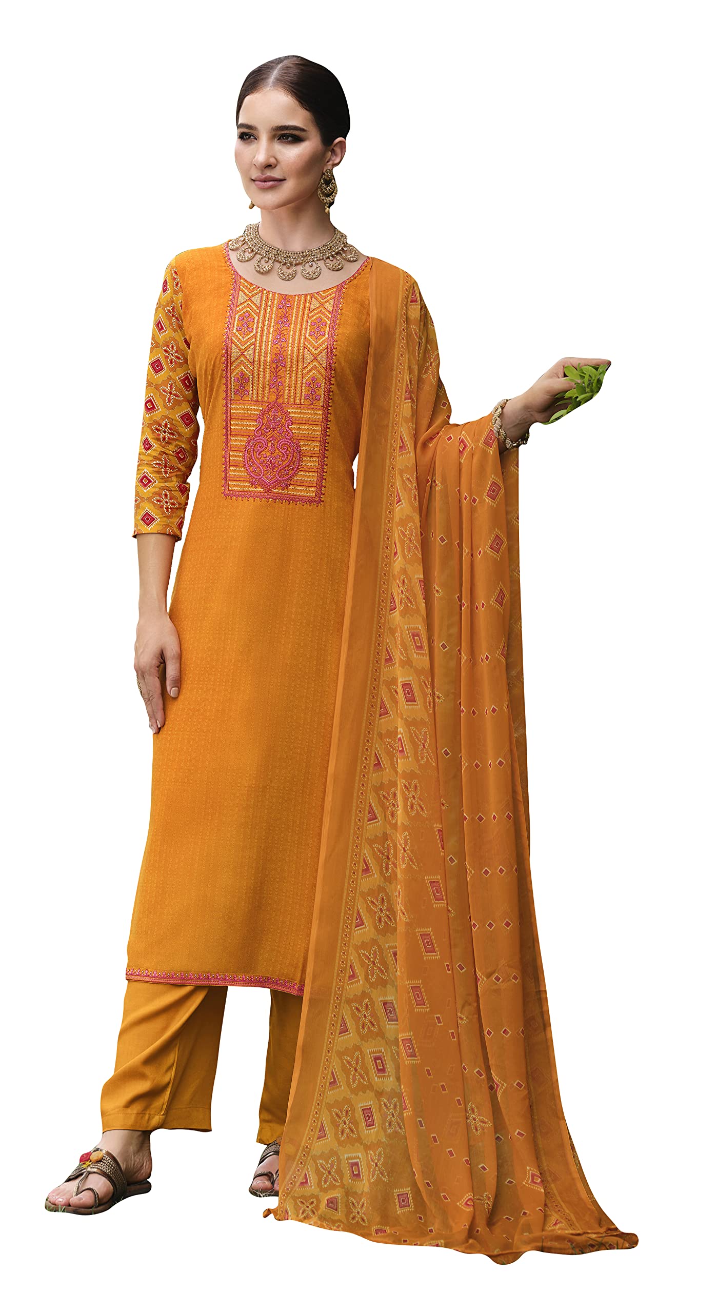 DRAVINAM Trends Unstitched Printed Embroidered Rayon Salwar Suits Set with Chiffon Dupatta (Green)
