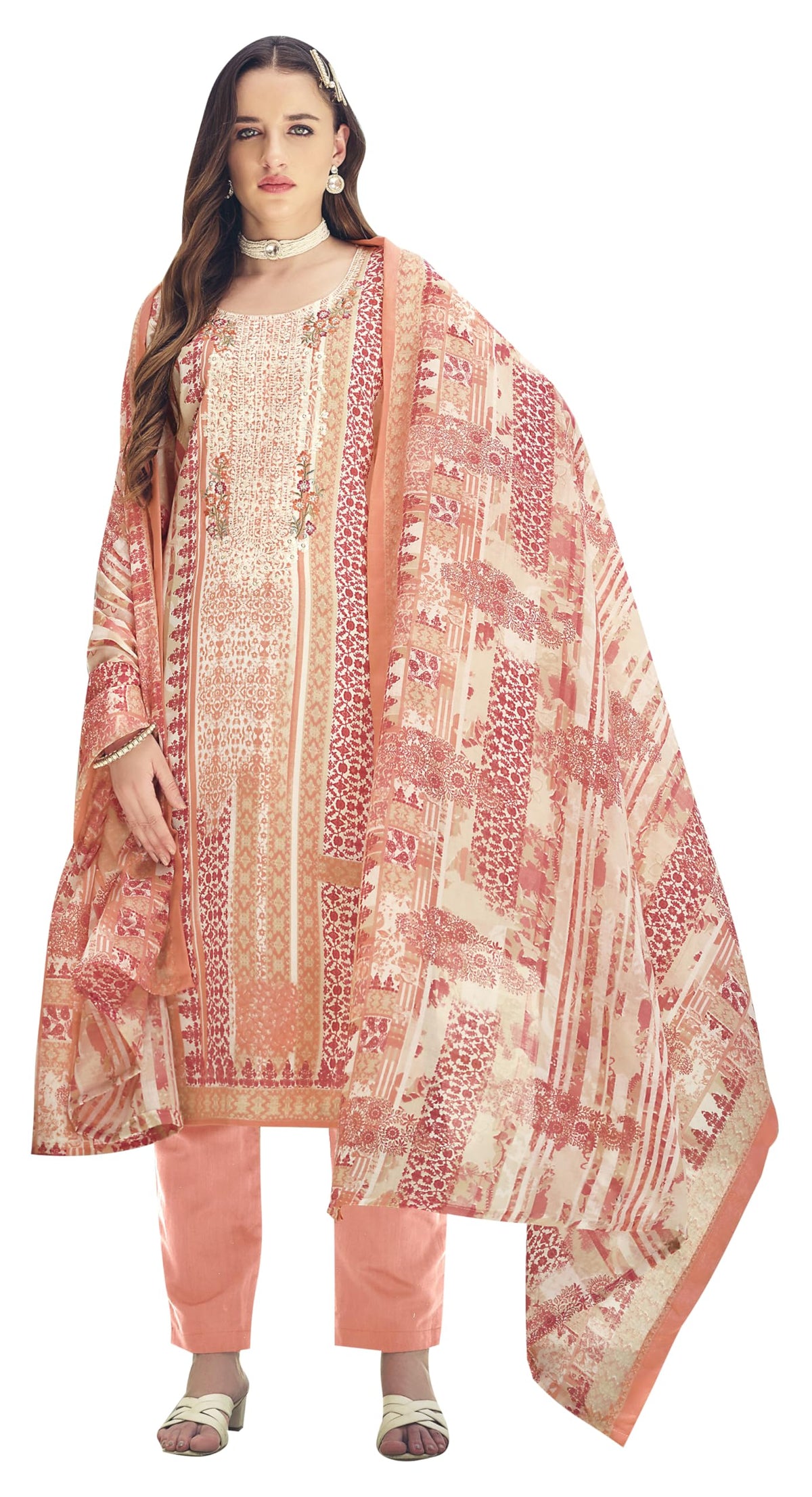 DRAVINAM Trends Kurti 2.50 mtrs, Pure Cotton Salwar (3 mtrs apx), Pure Cotton Mal Mal Print (2.30|Sand Grey