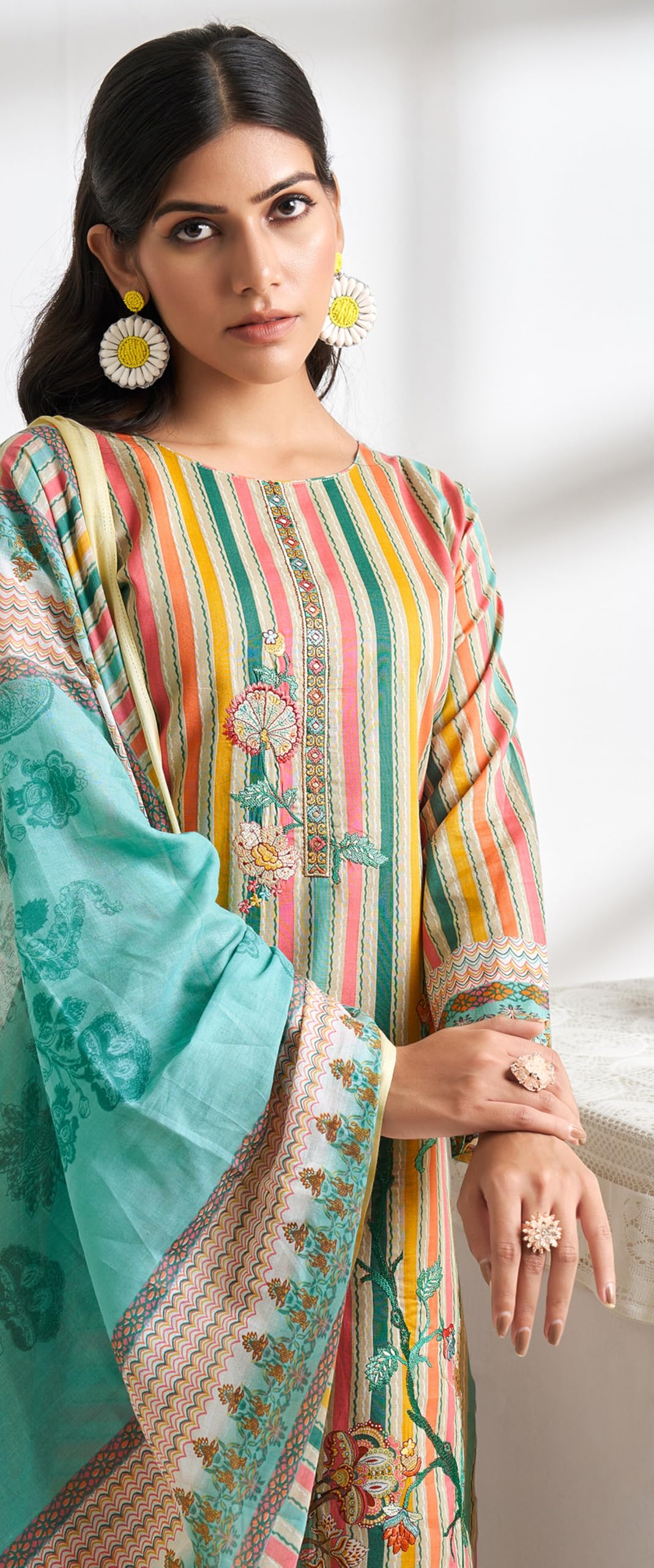 DRAVINAM Trends Unstitched Women Suit Material – Viscose Cotton Digital Printed Embroidered Kameez, Cambric Cotton Plain Bottoms and Printed Dupatta
