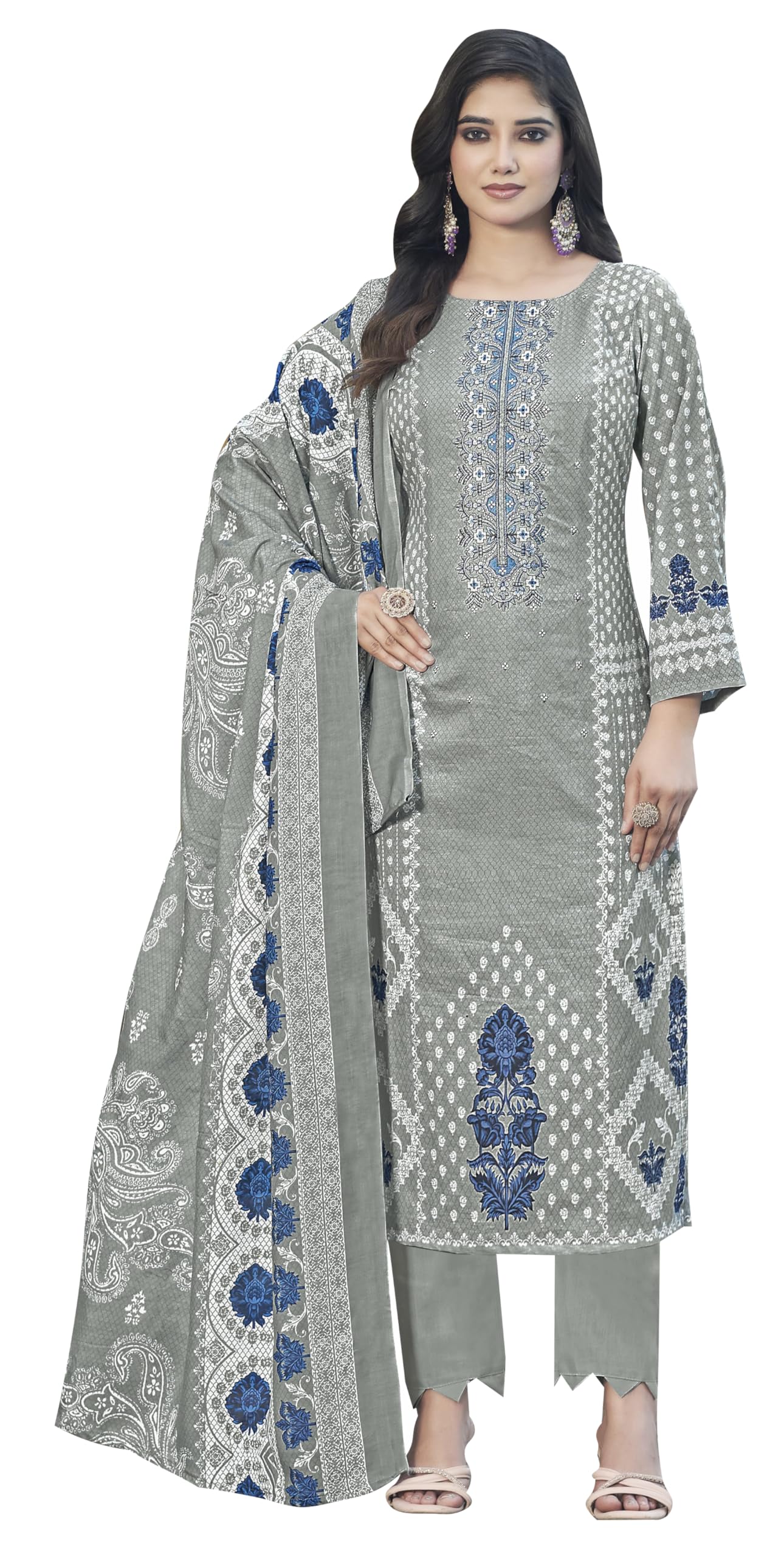 DRAVINAM Trends Women's Pure Lawn Cotton Pakistani Embroidered Suit Dress Material with Unstitched Bottoms and Cotton Dupatta