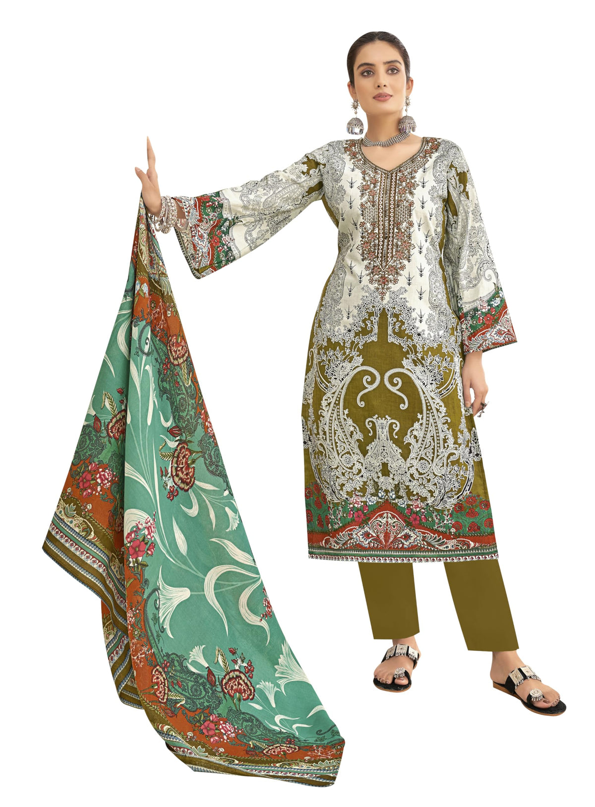 DRAVINAM Trends Women's Unstitched Digital Pakistani Print Embroidered Cambric Cotton Salwar Suit Dress Materials with Cotton Printed Dupatta