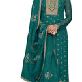 DRAVINAM Trends Women's Pure Georgette Heavy Zari Embroidered Chudidar Suit Dress Material with Zari Embroidered Georgette Dupatta (Free Size_Bluish Green)(Pakistani Salwar Suit)