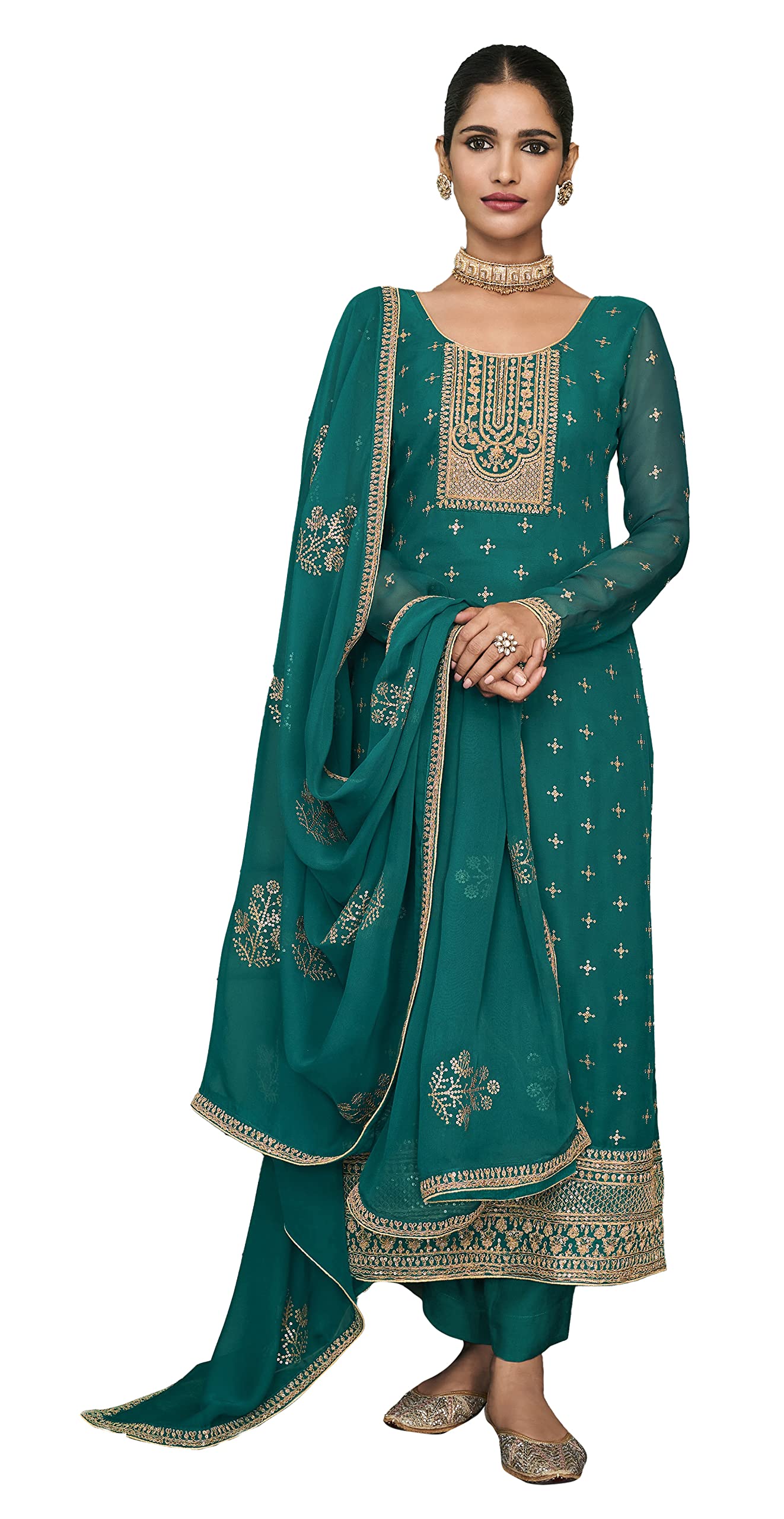 DRAVINAM Trends Women's Pure Georgette Heavy Zari Embroidered Chudidar Suit Dress Material with Zari Embroidered Georgette Dupatta (Free Size_Bluish Green)(Pakistani Salwar Suit)