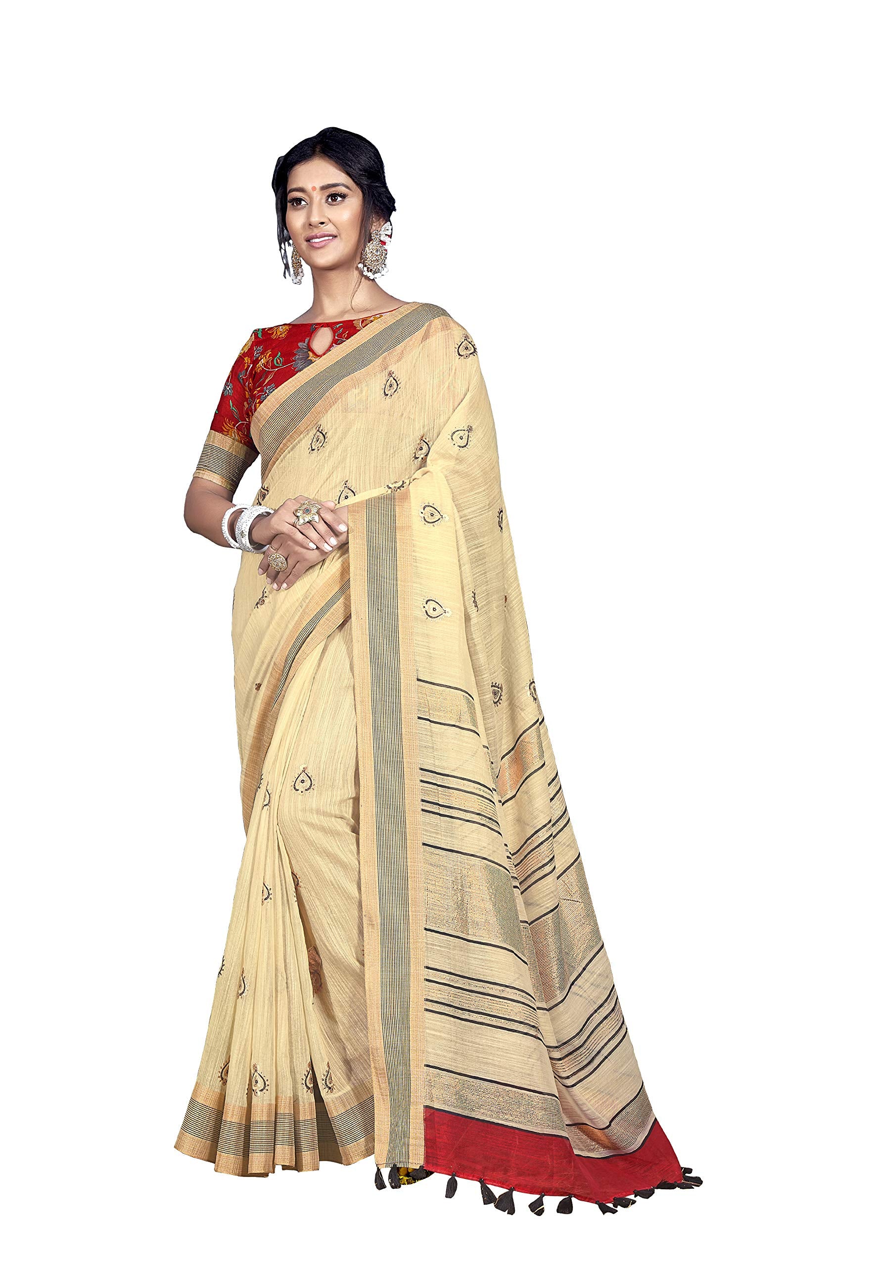 DRAVINAM Trends Women's Foil Printed Thin Cotton saree with Golden Border and Tassels and Blouse Piece (Beige and Red)