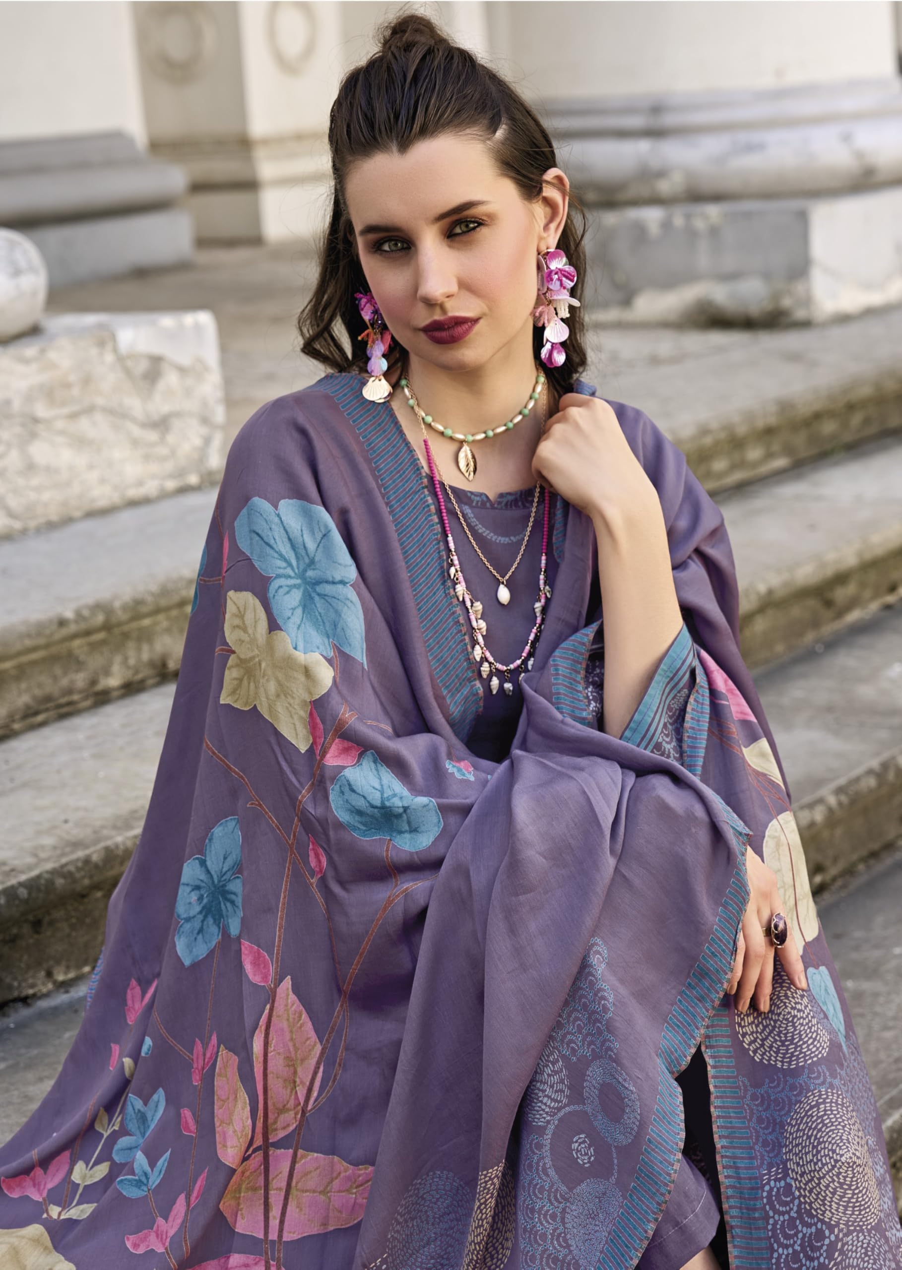 DRAVINAM Trends Women's Unstitched Salwar Suit Dress Material II Pure Jaam Silk Digital Print Hand Embroidered Kameez II Plain Unstitched Bottoms II Maslin Zari Bordered Dupatta